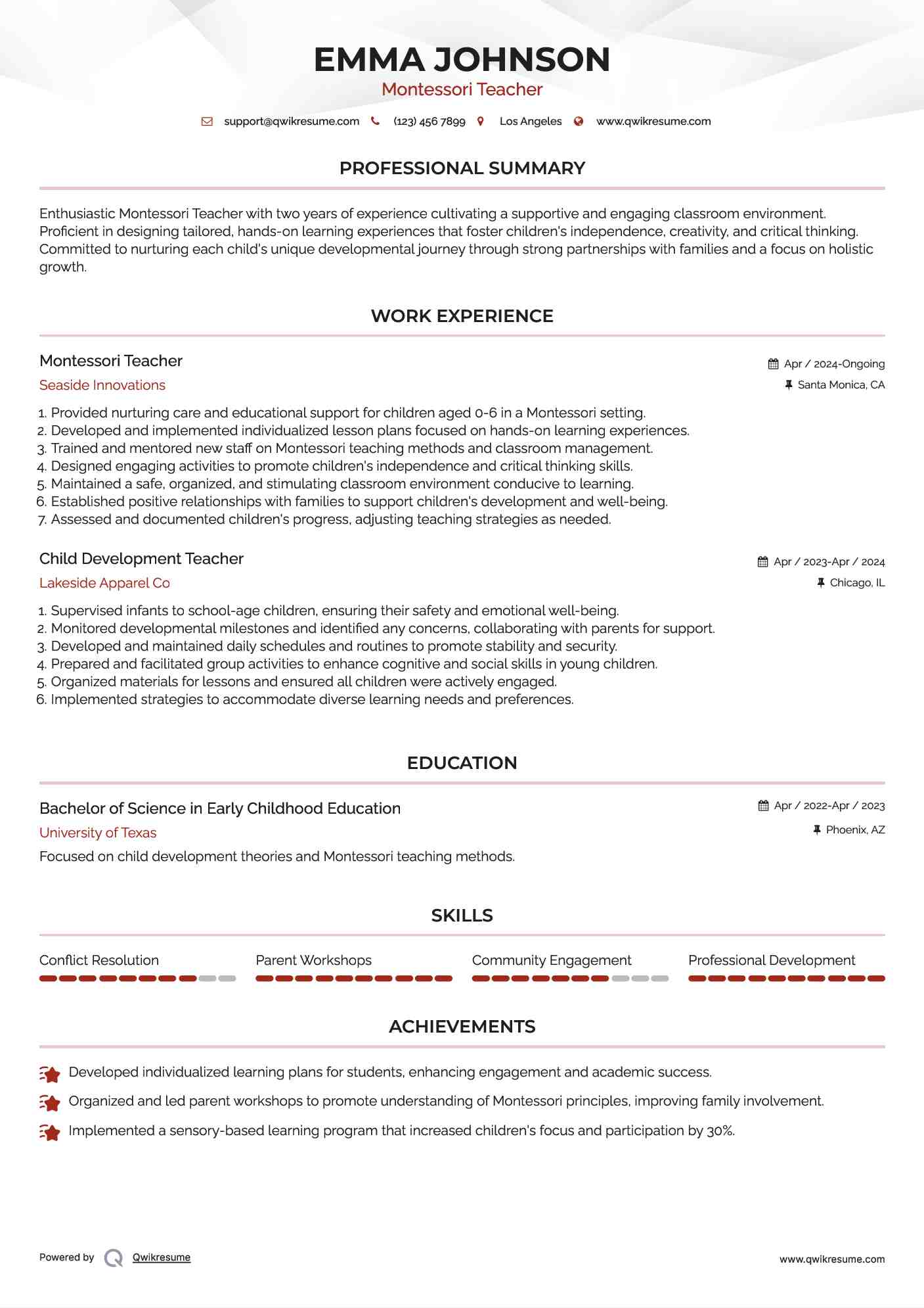 Montessori Teacher Resume Example