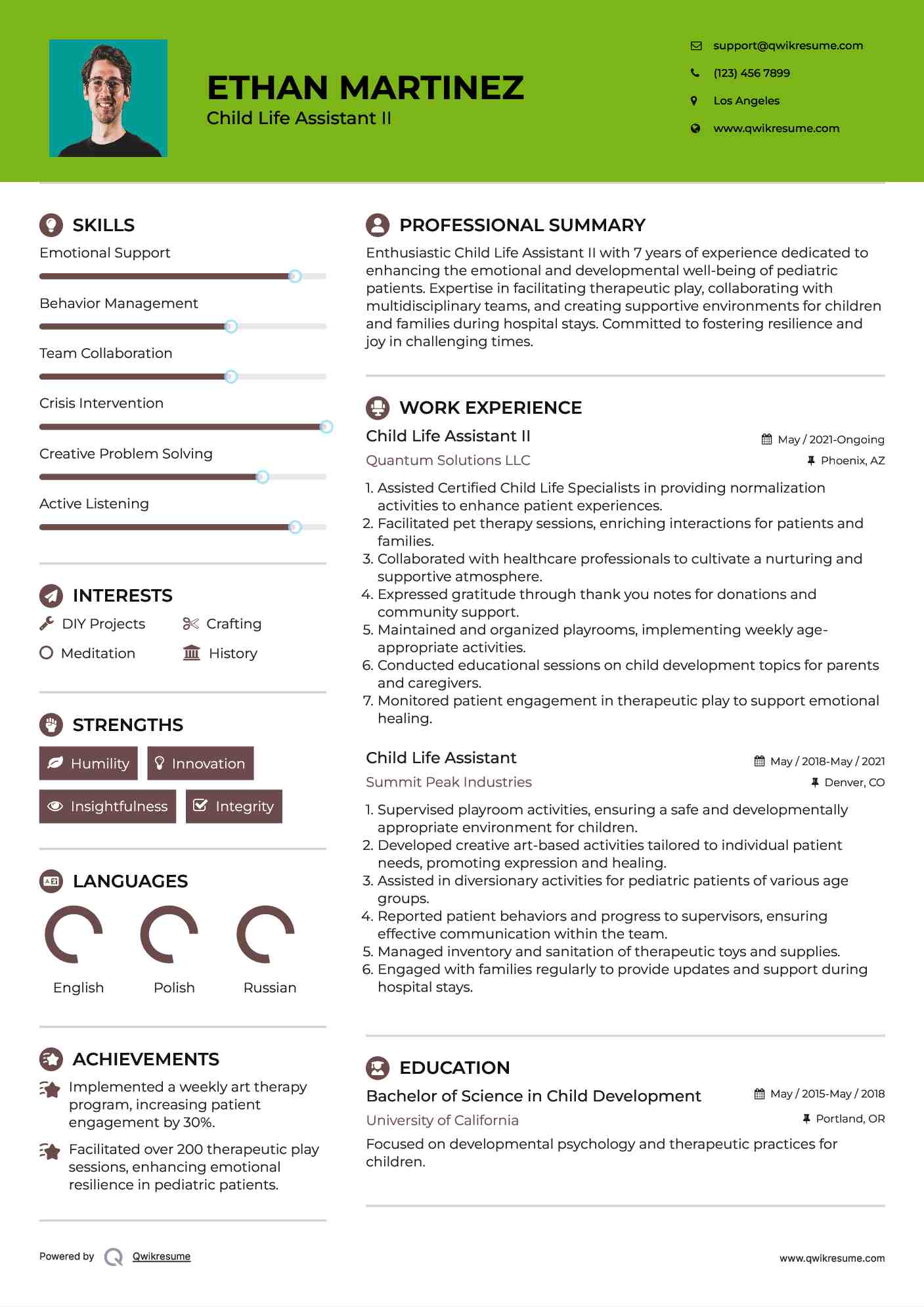 Child Life Assistant II Resume Model