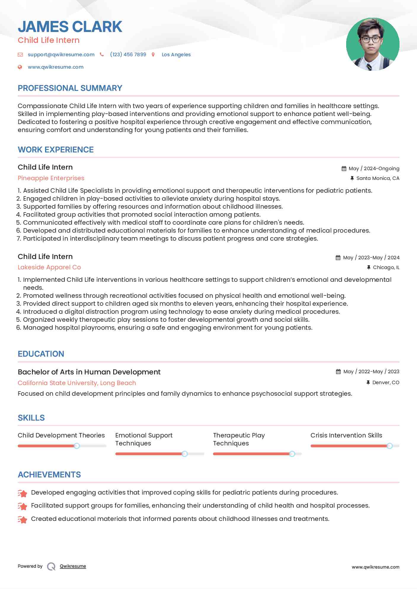 Child Life Intern Resume Example