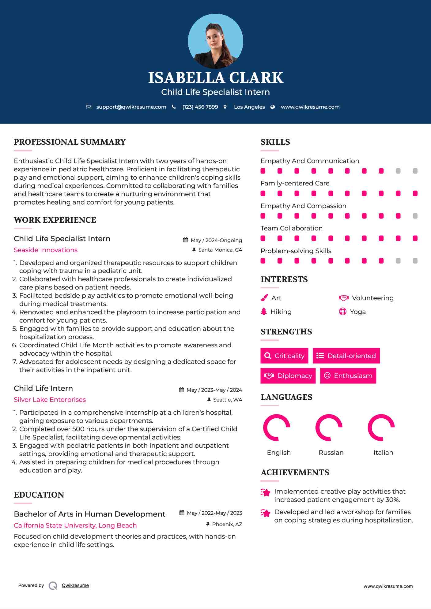 Child Life Specialist Intern Resume Format