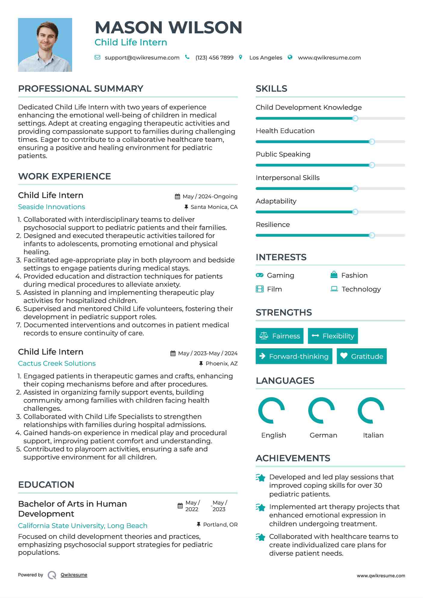 Child Life Intern Resume Model