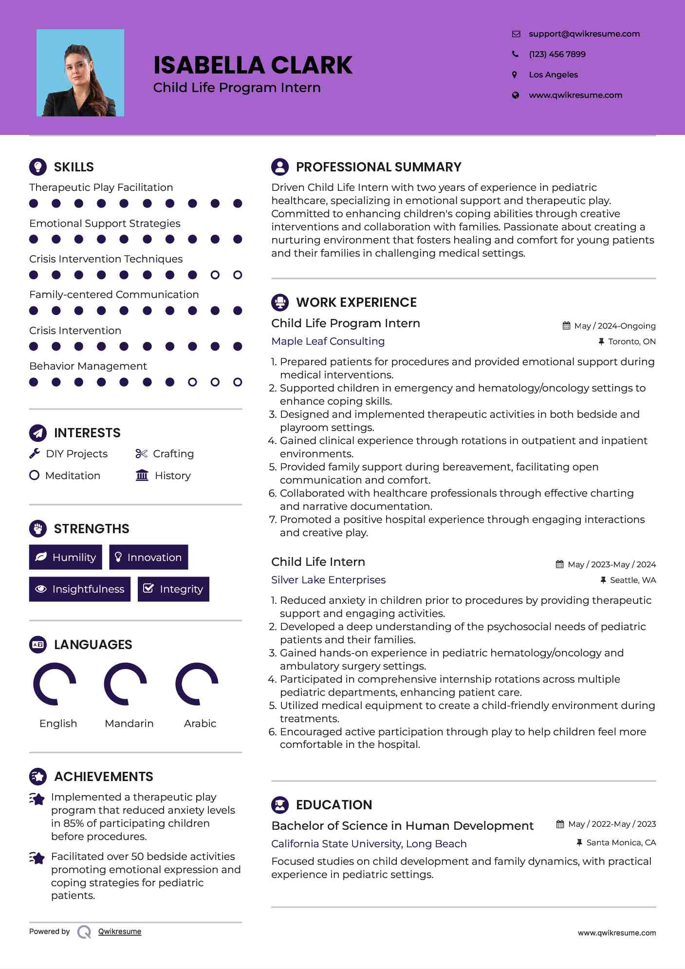 Child Life Program Intern Resume Example