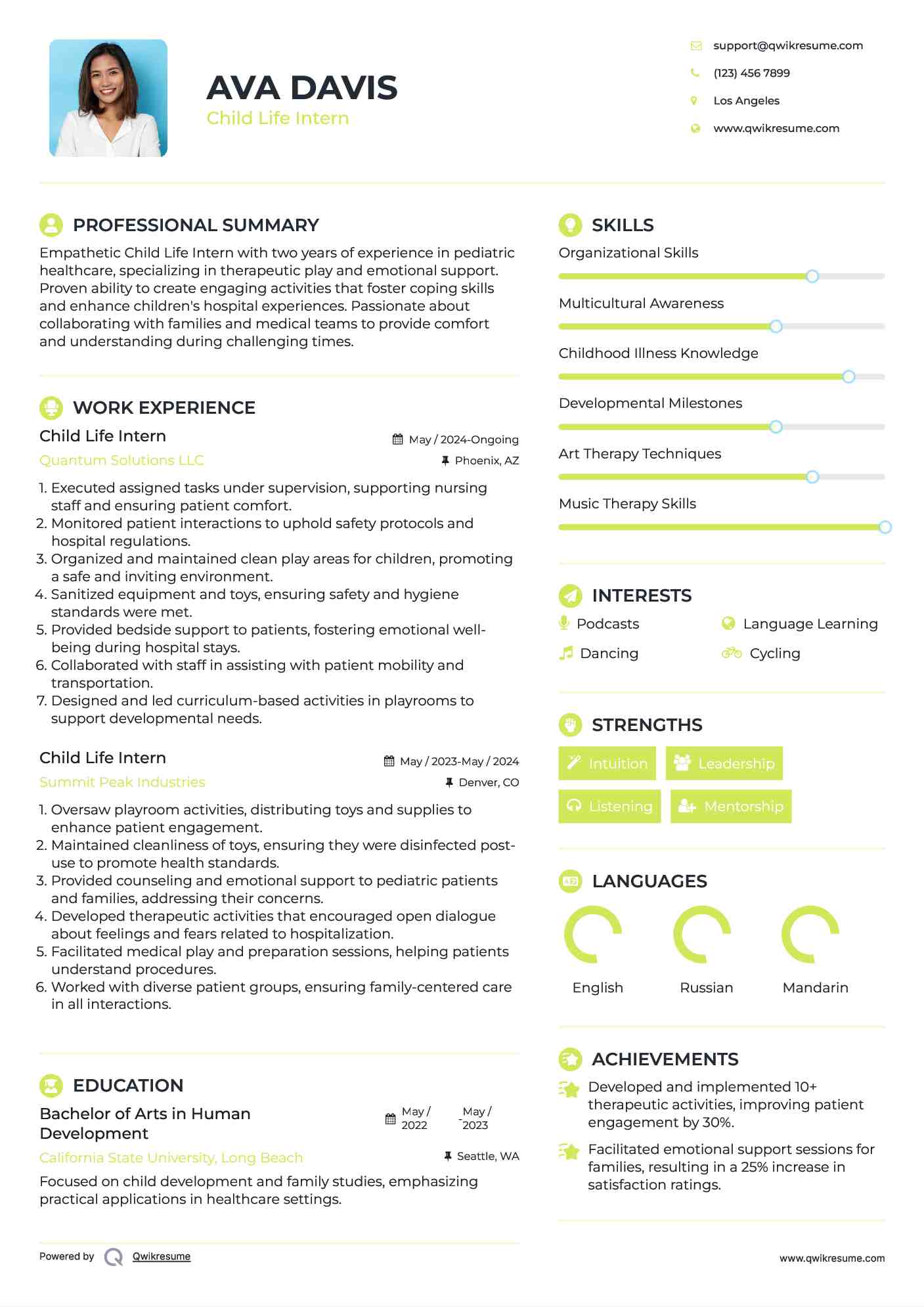 Child Life Intern Resume Sample