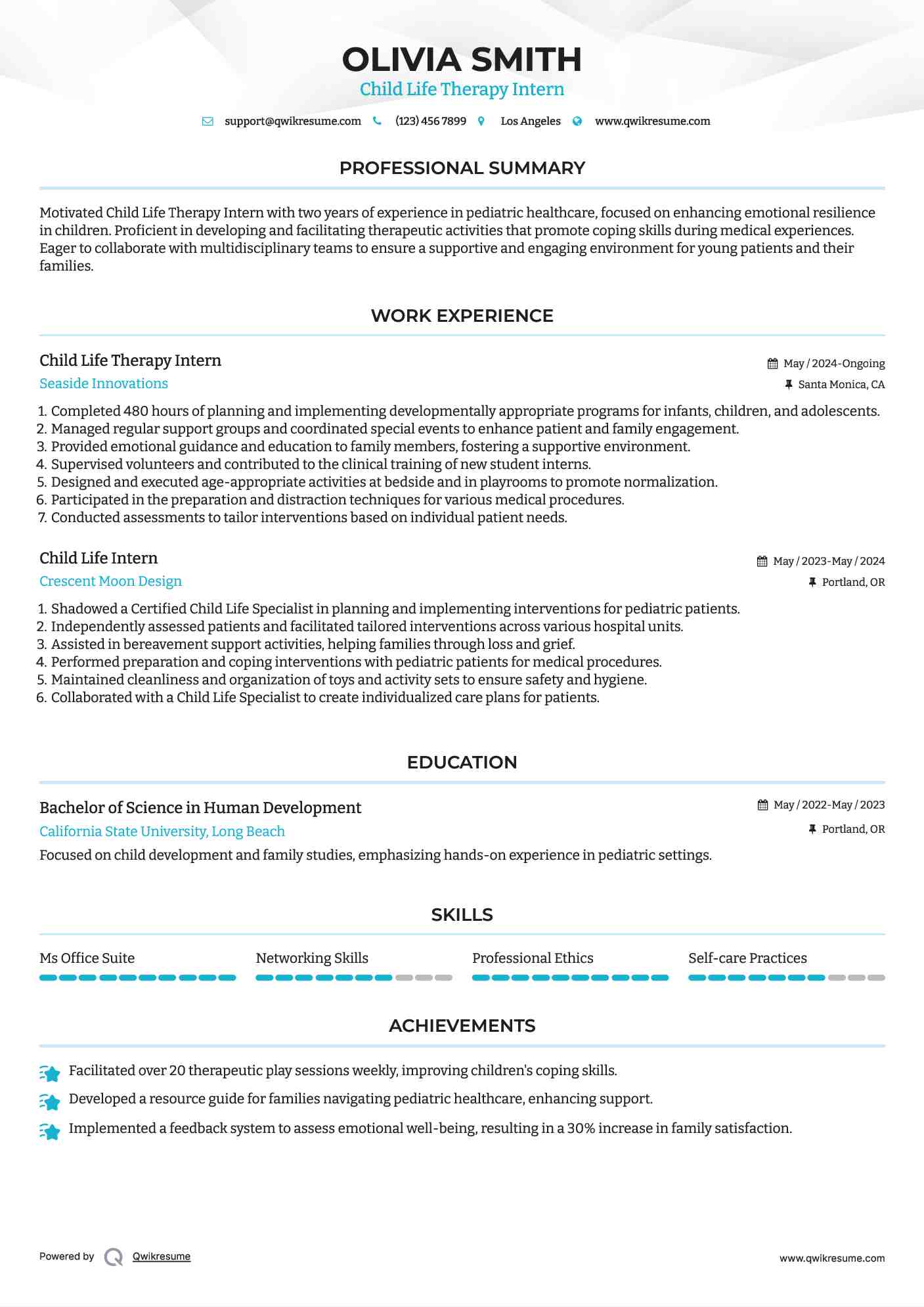 Child Life Therapy Intern Resume Example