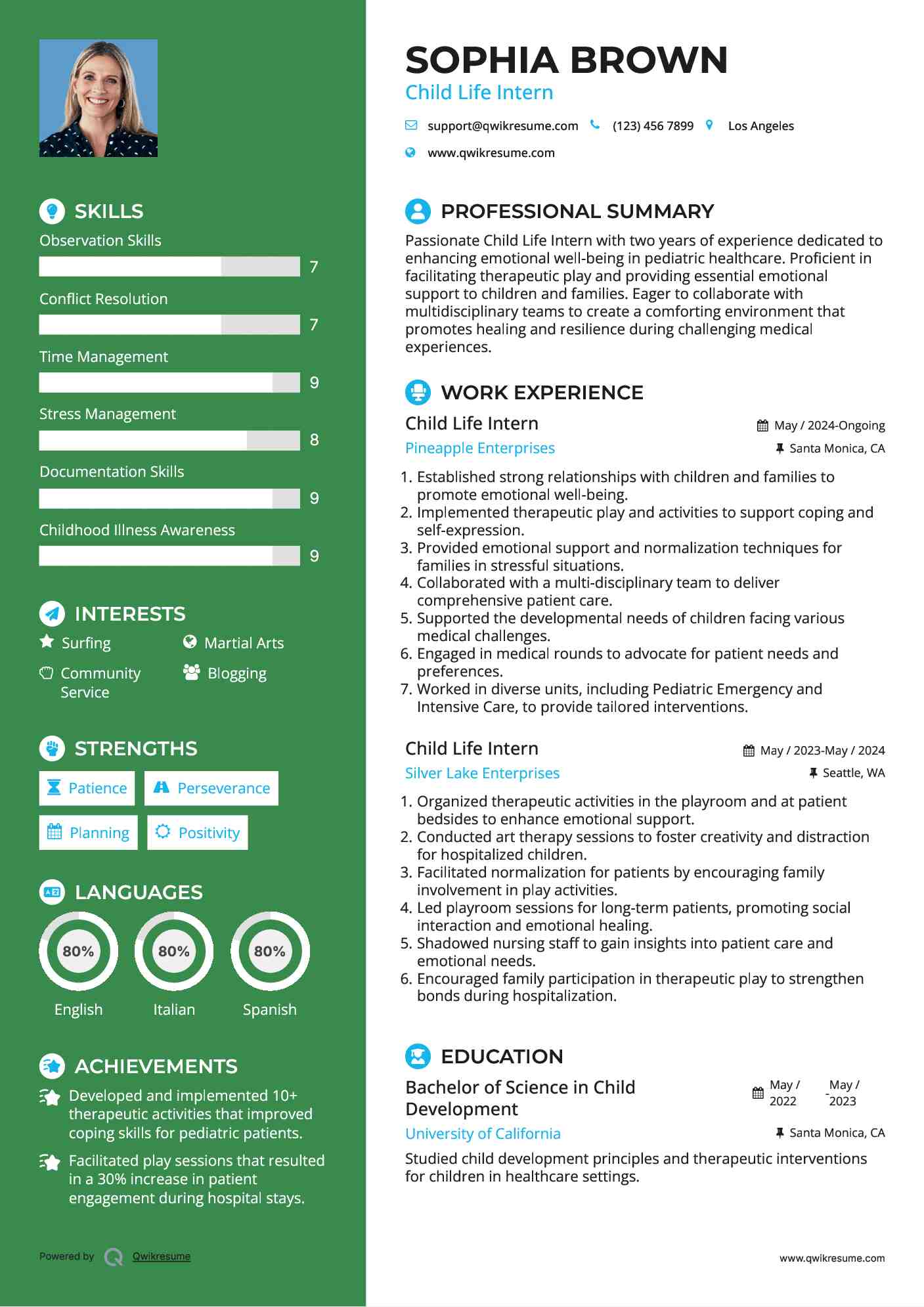 Child Life Intern Resume Example