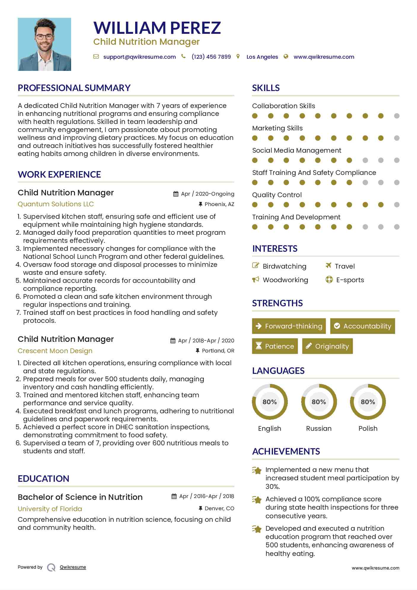 Child Nutrition Manager Resume Format