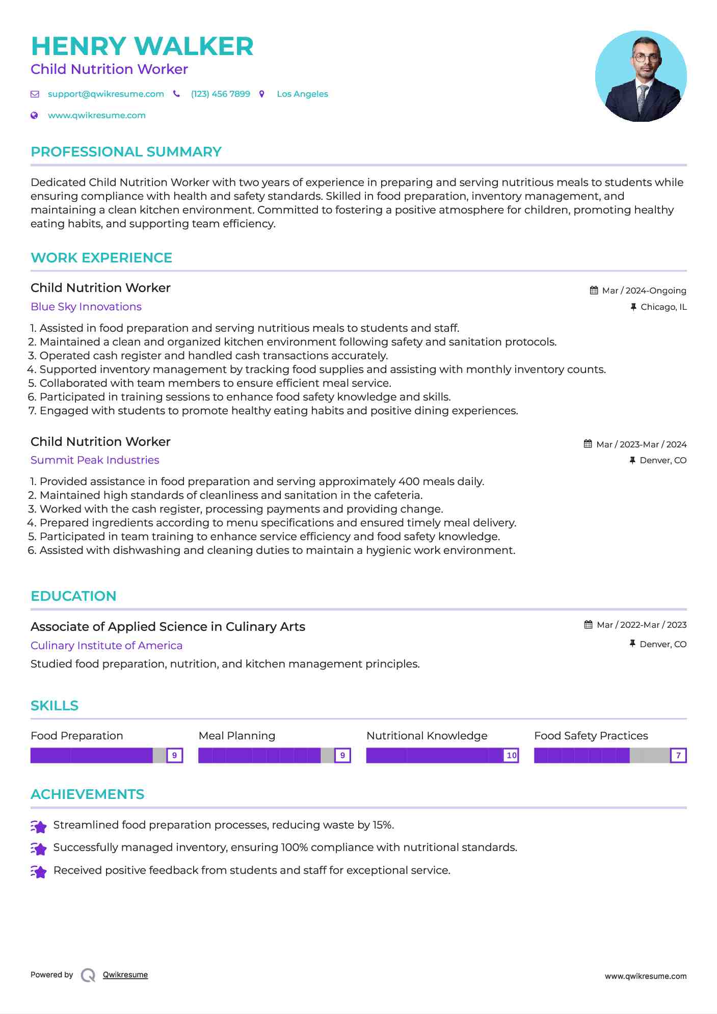 Child Nutrition Worker Resume Example