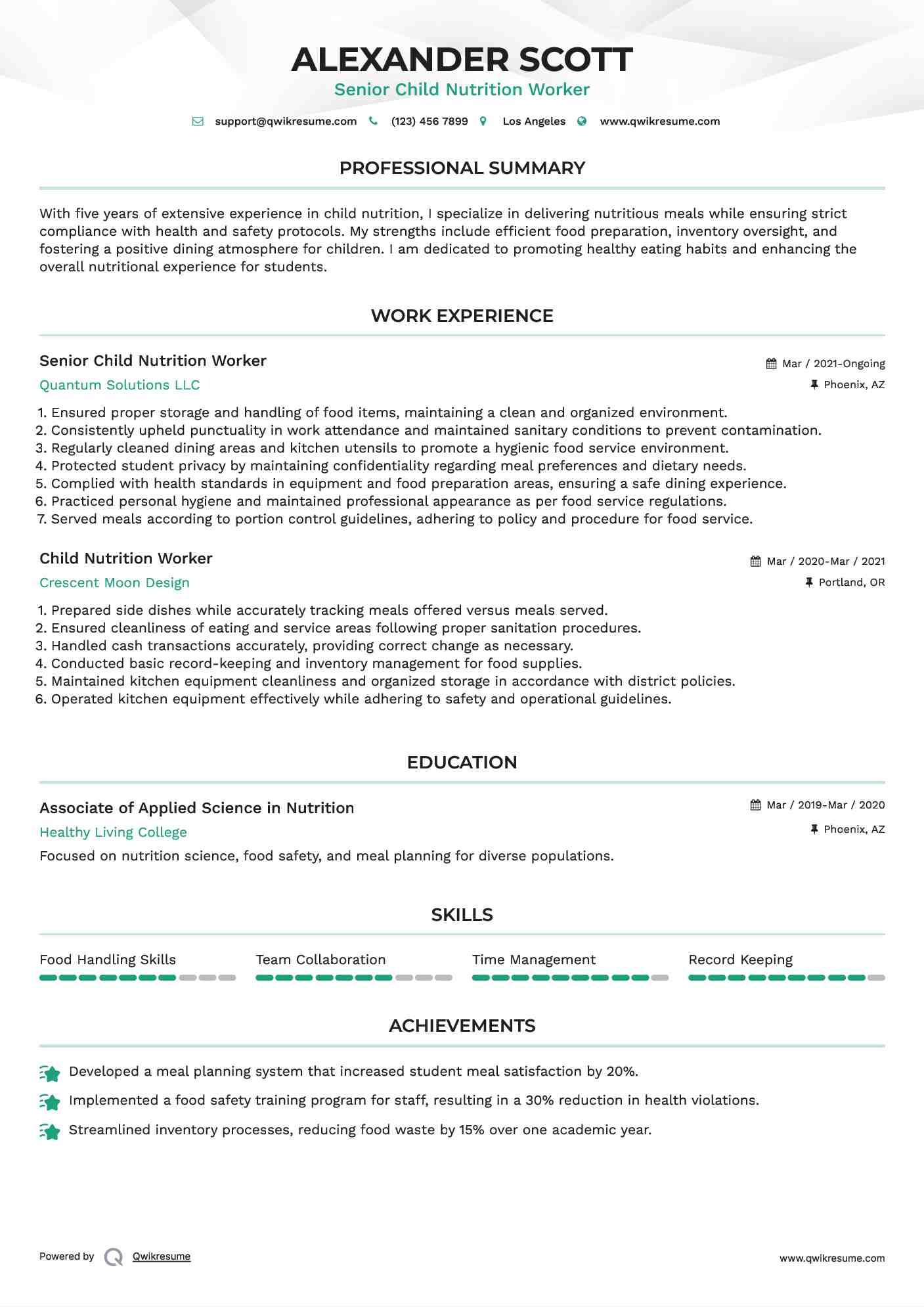 Senior Child Nutrition Worker  Resume Template