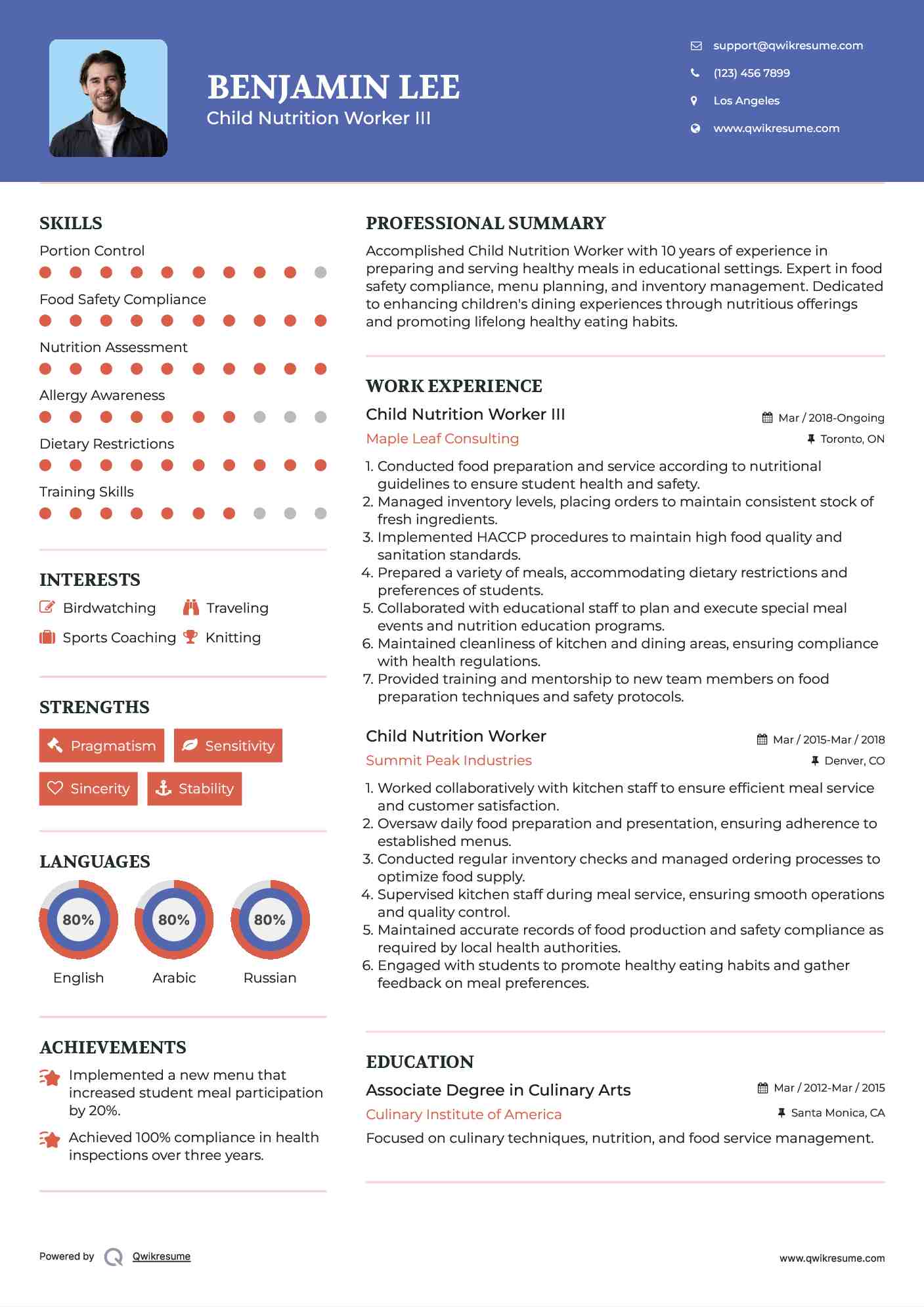 Child Nutrition Worker III Resume Example