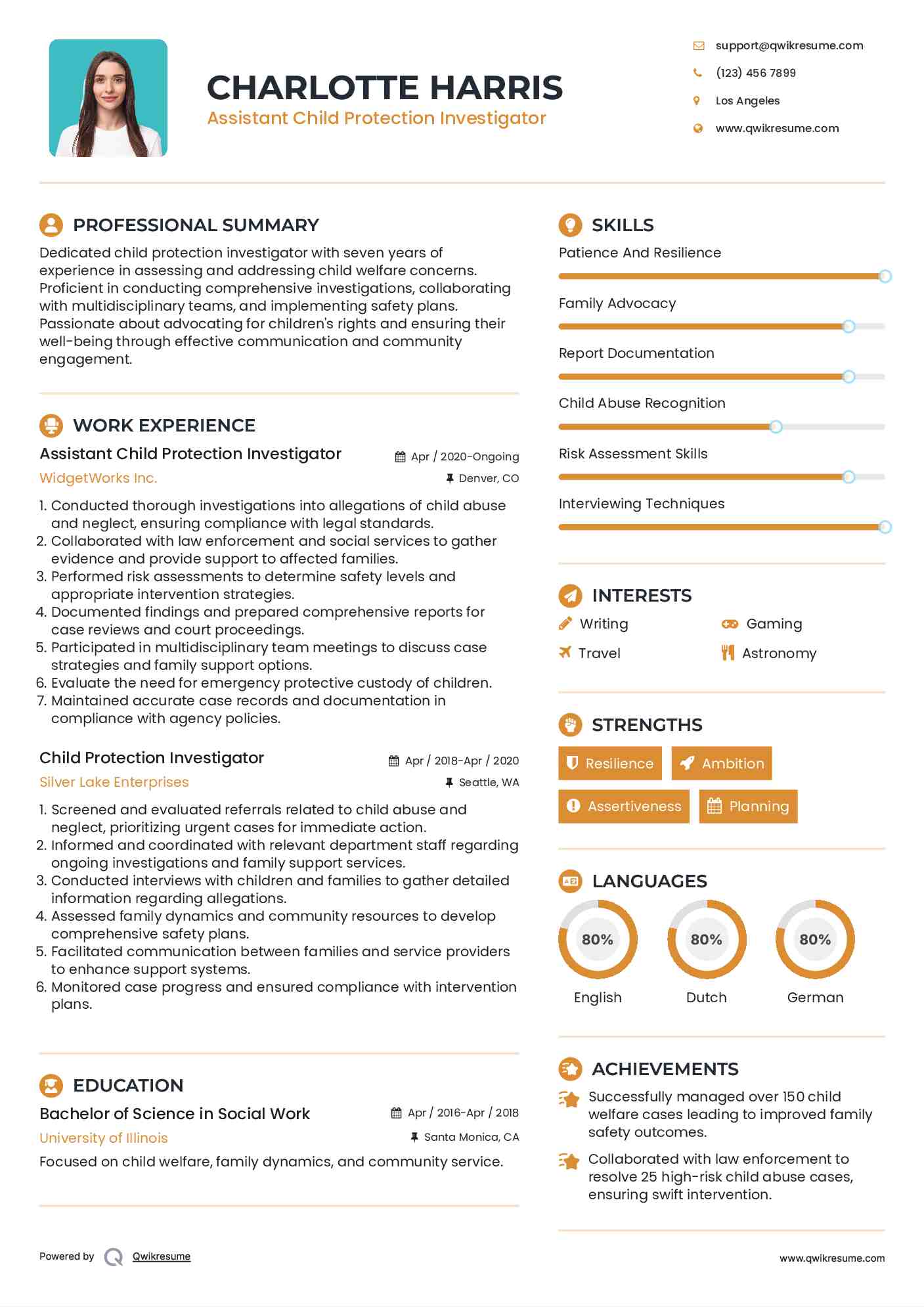 Assistant Child Protection Investigator Resume Example