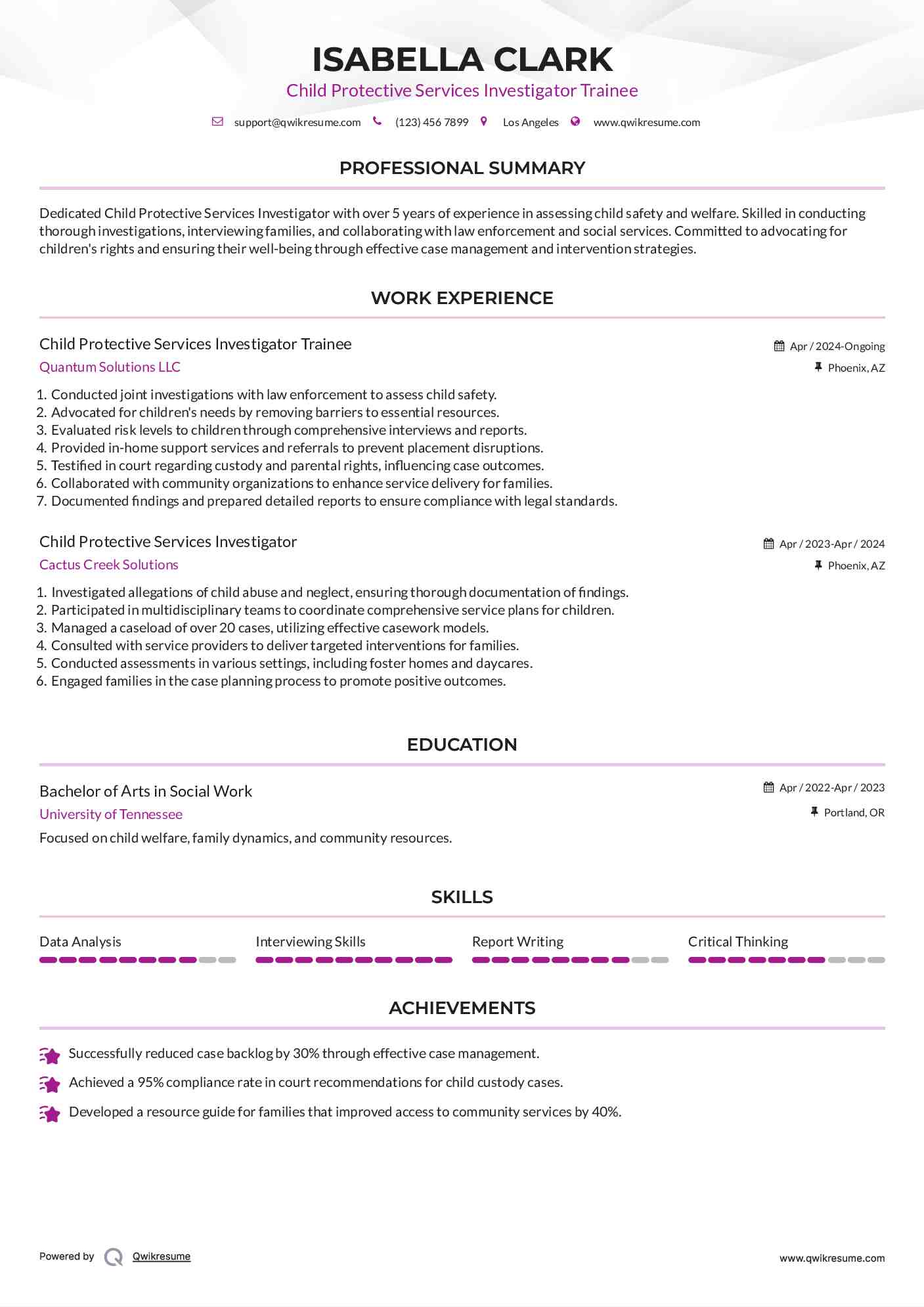 Child Protective Services Investigator Trainee Resume Sample