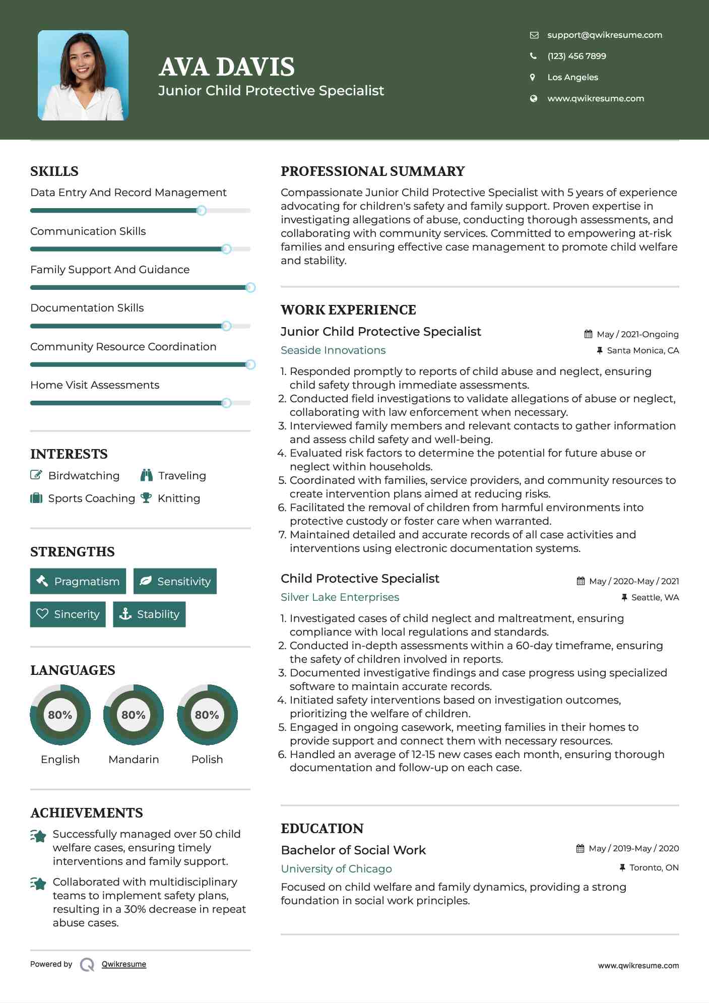 Junior Child Protective Specialist  Resume Sample