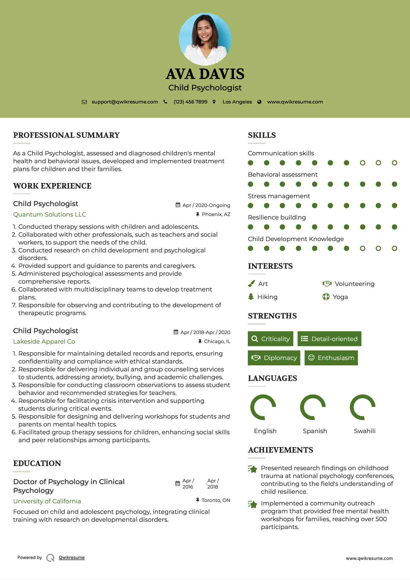 Child Psychologist Resume Sample