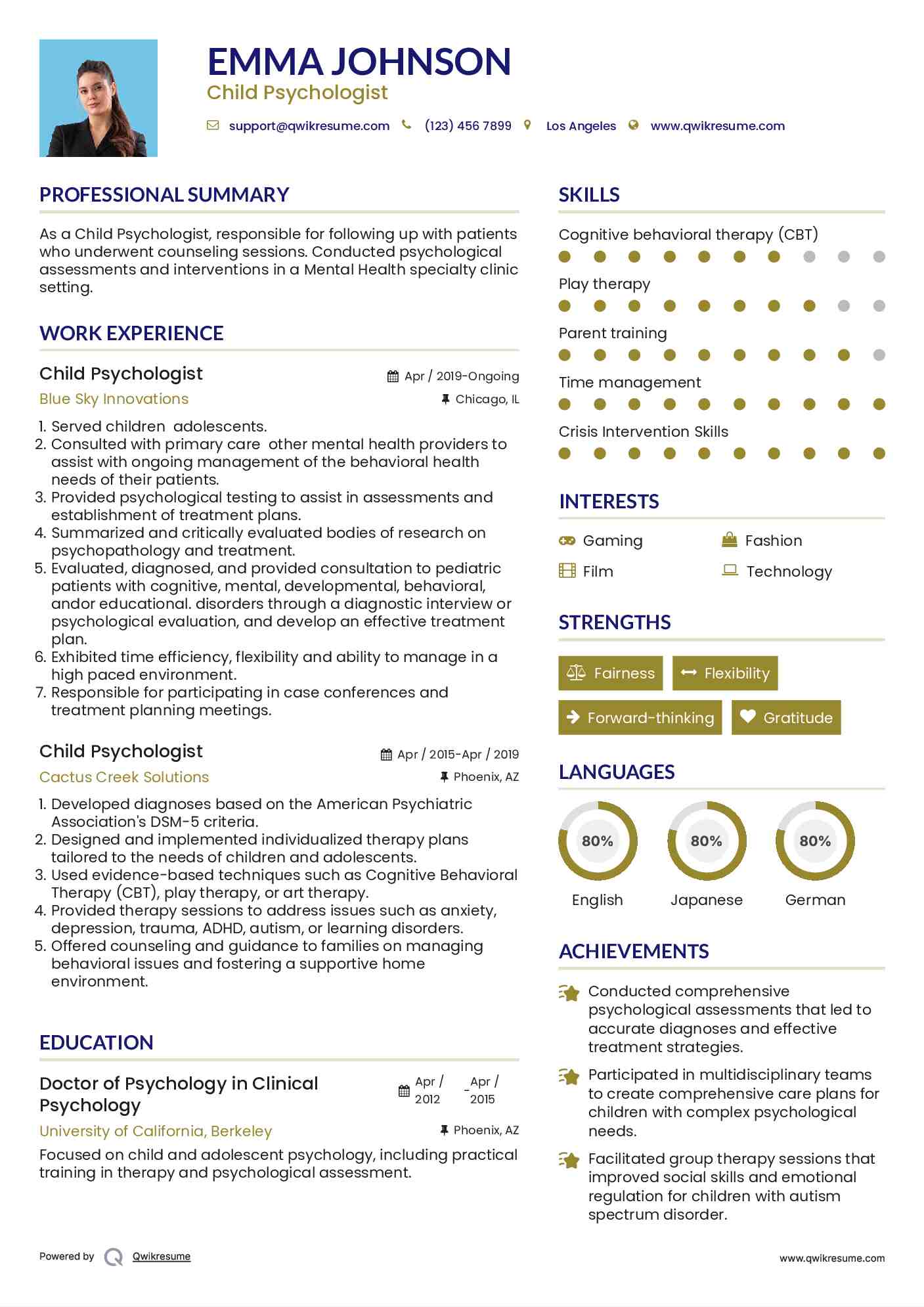 Child Psychologist Resume Example