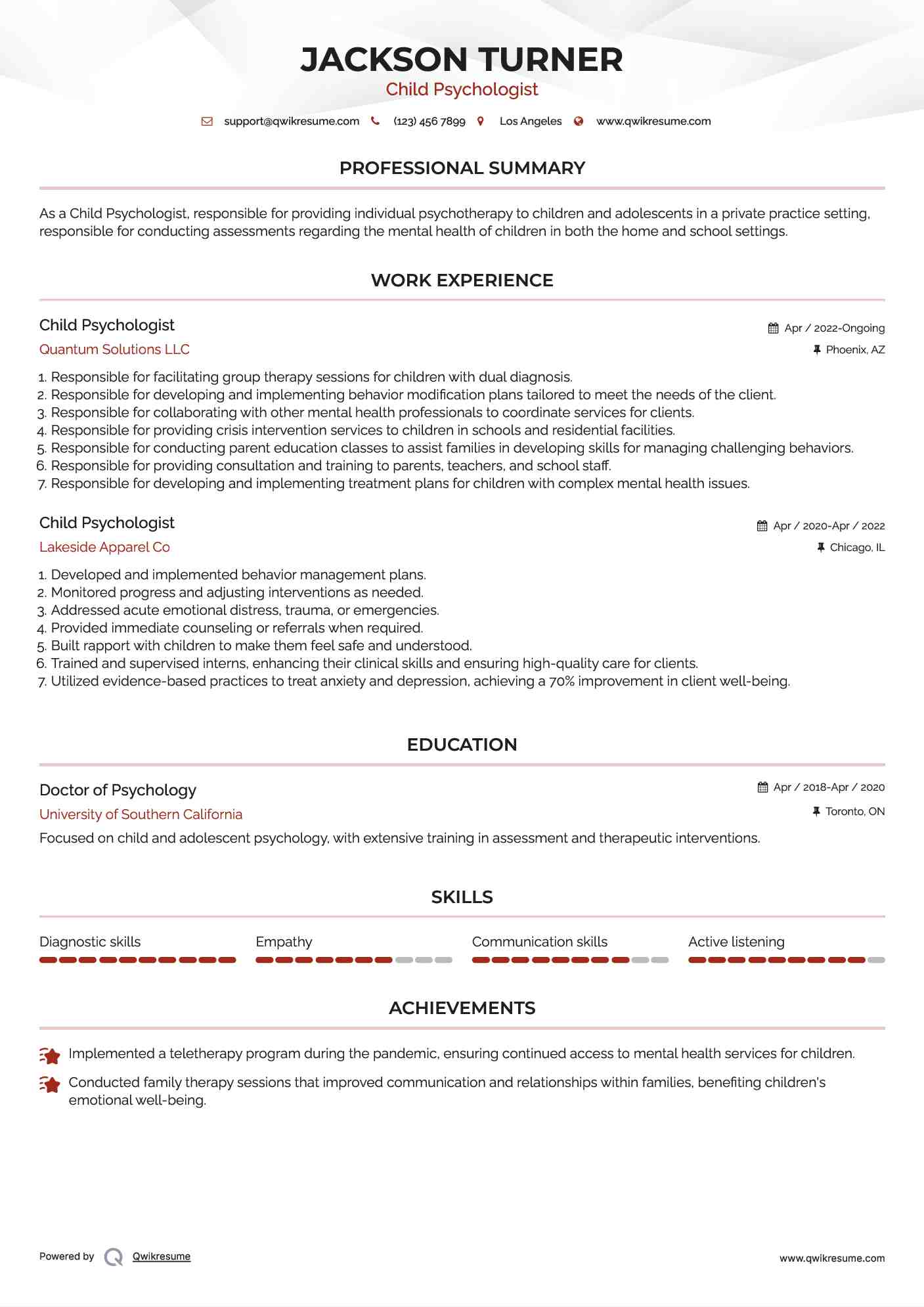 Child Psychologist Resume Template