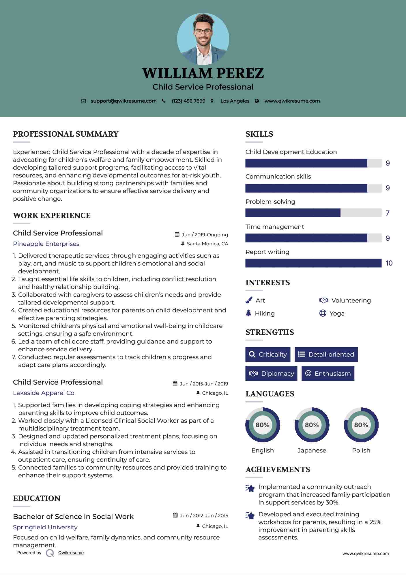 Child Service Professional Resume Template