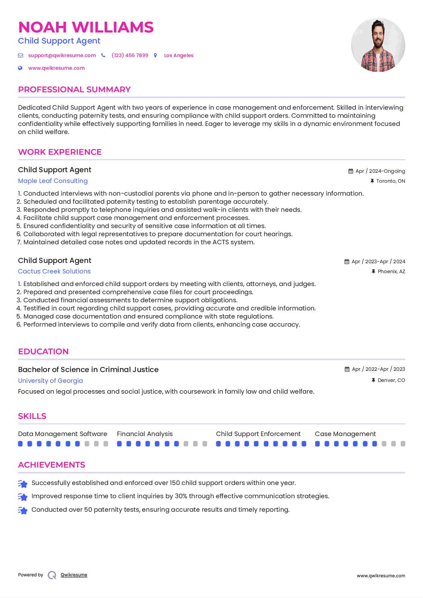 Child Support Agent Resume Model