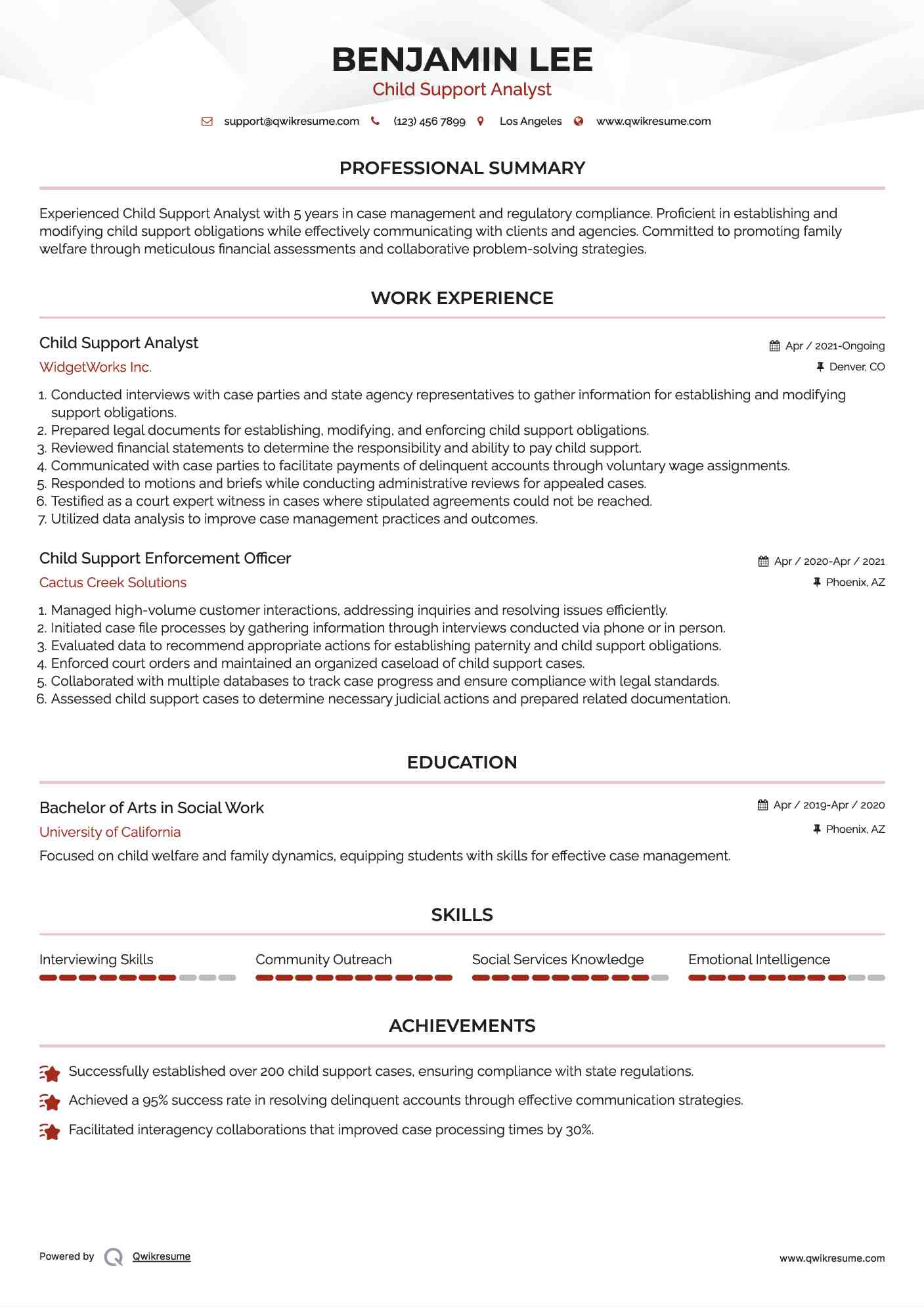 Child Support Analyst Resume Model