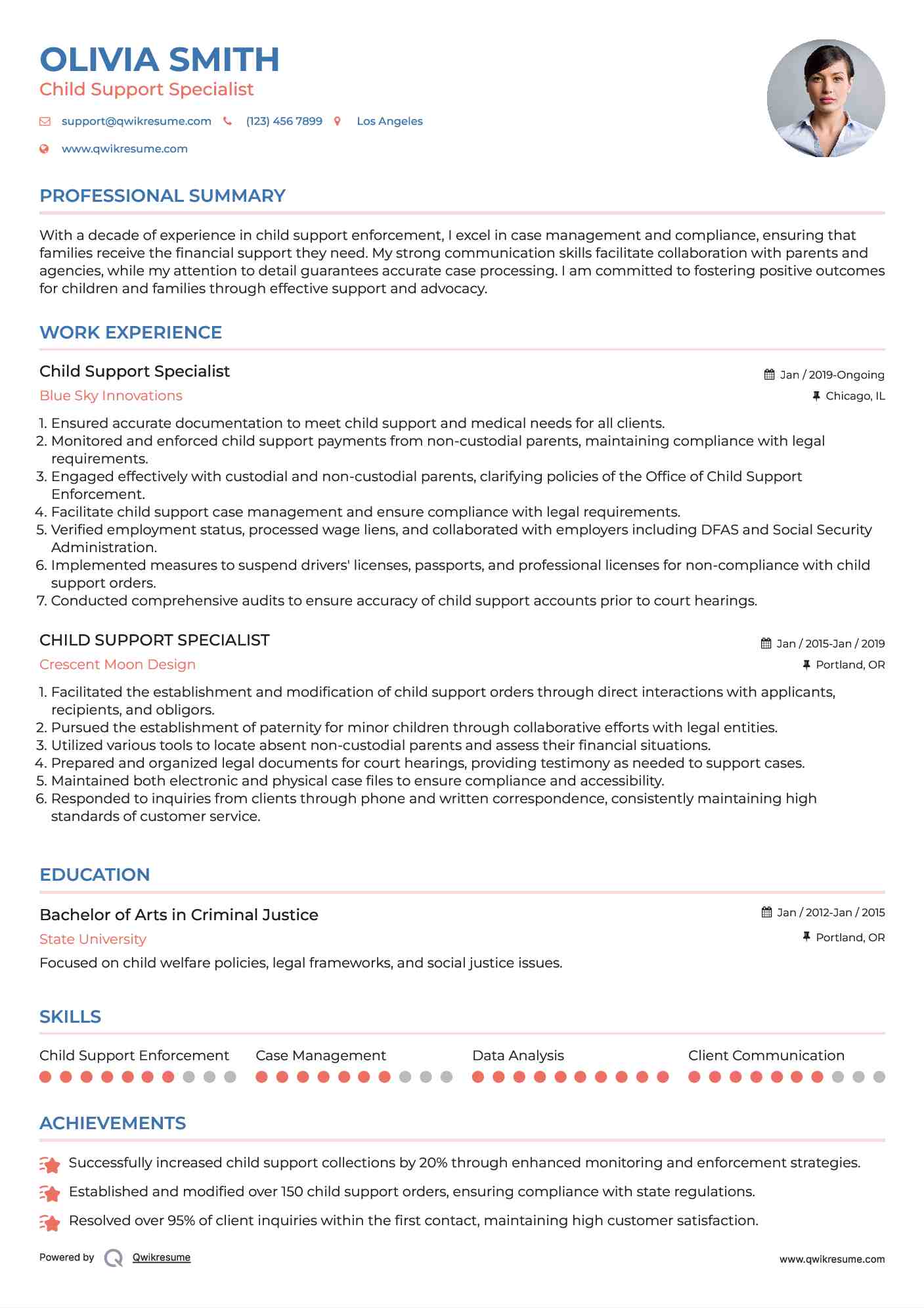 Child Support Specialist Resume Example