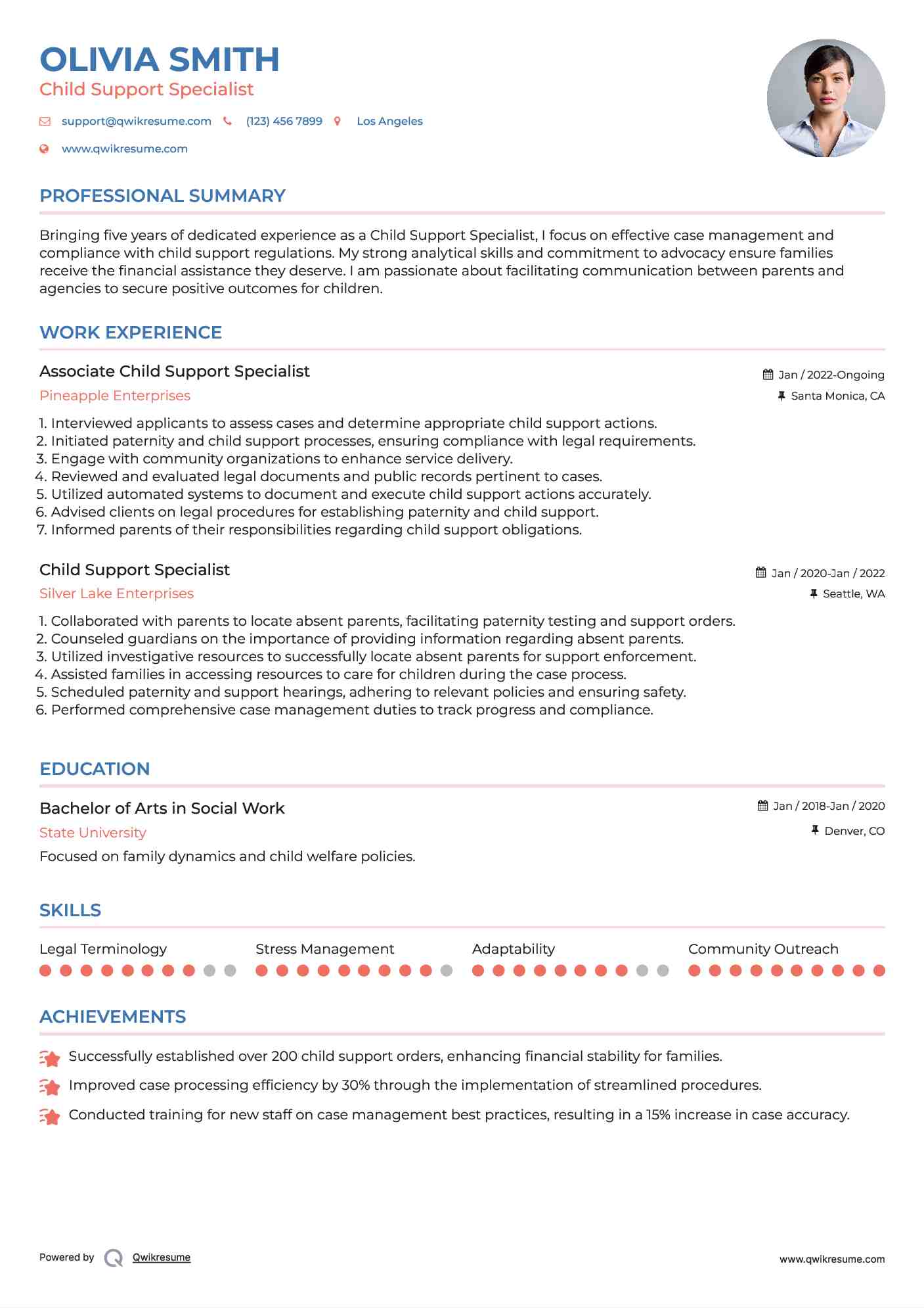 Associate Child Support Specialist Resume Sample