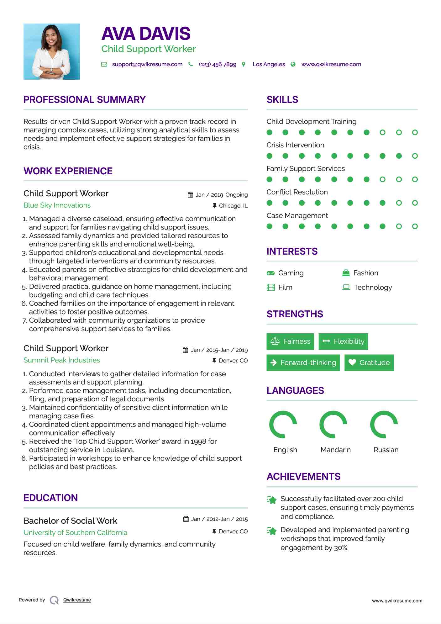Child Support Worker Resume Sample