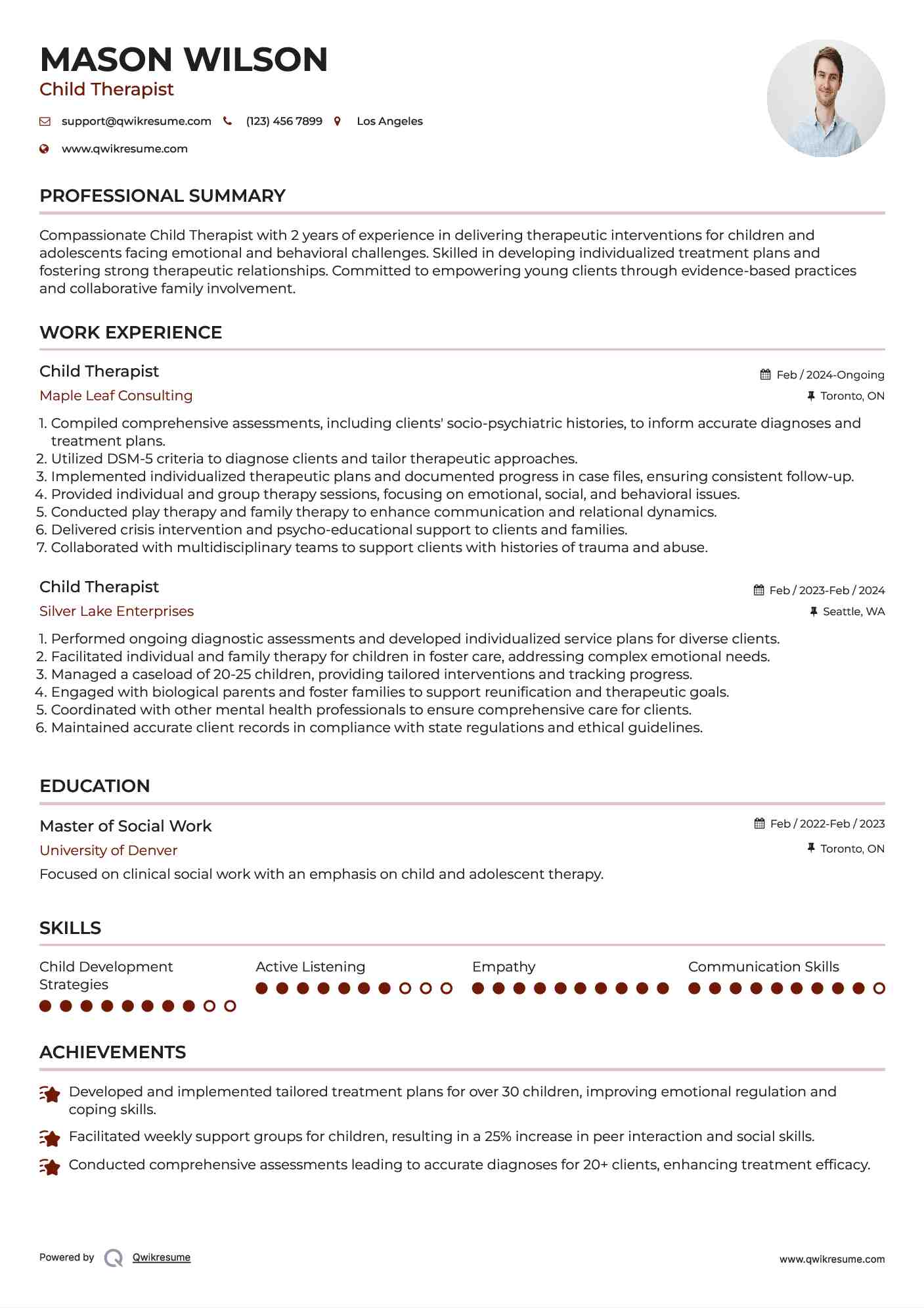 Child Therapist Resume Model