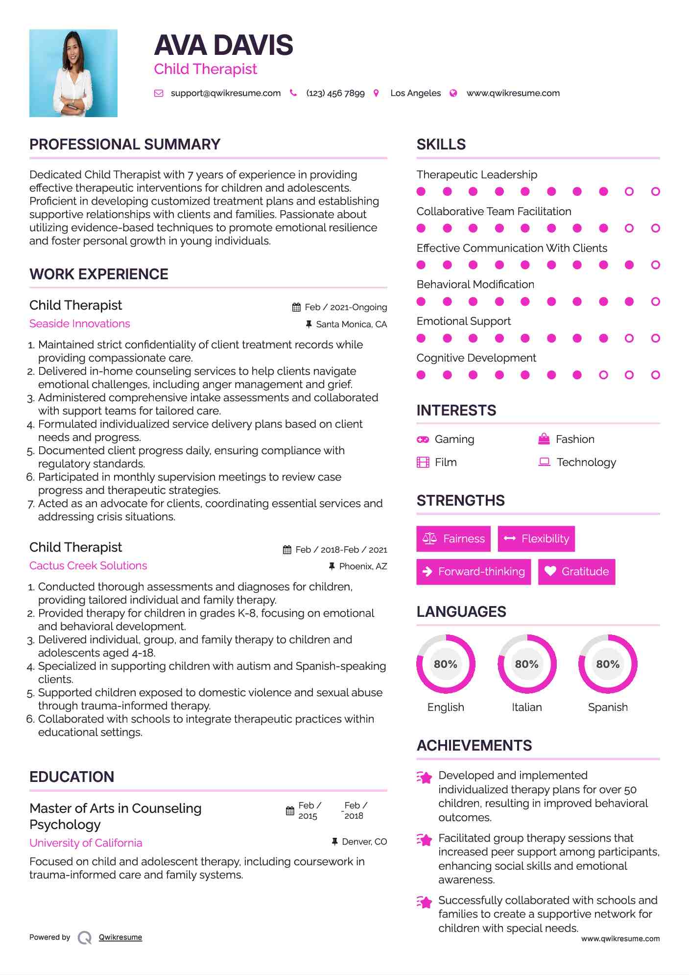 Child Therapist Resume Example