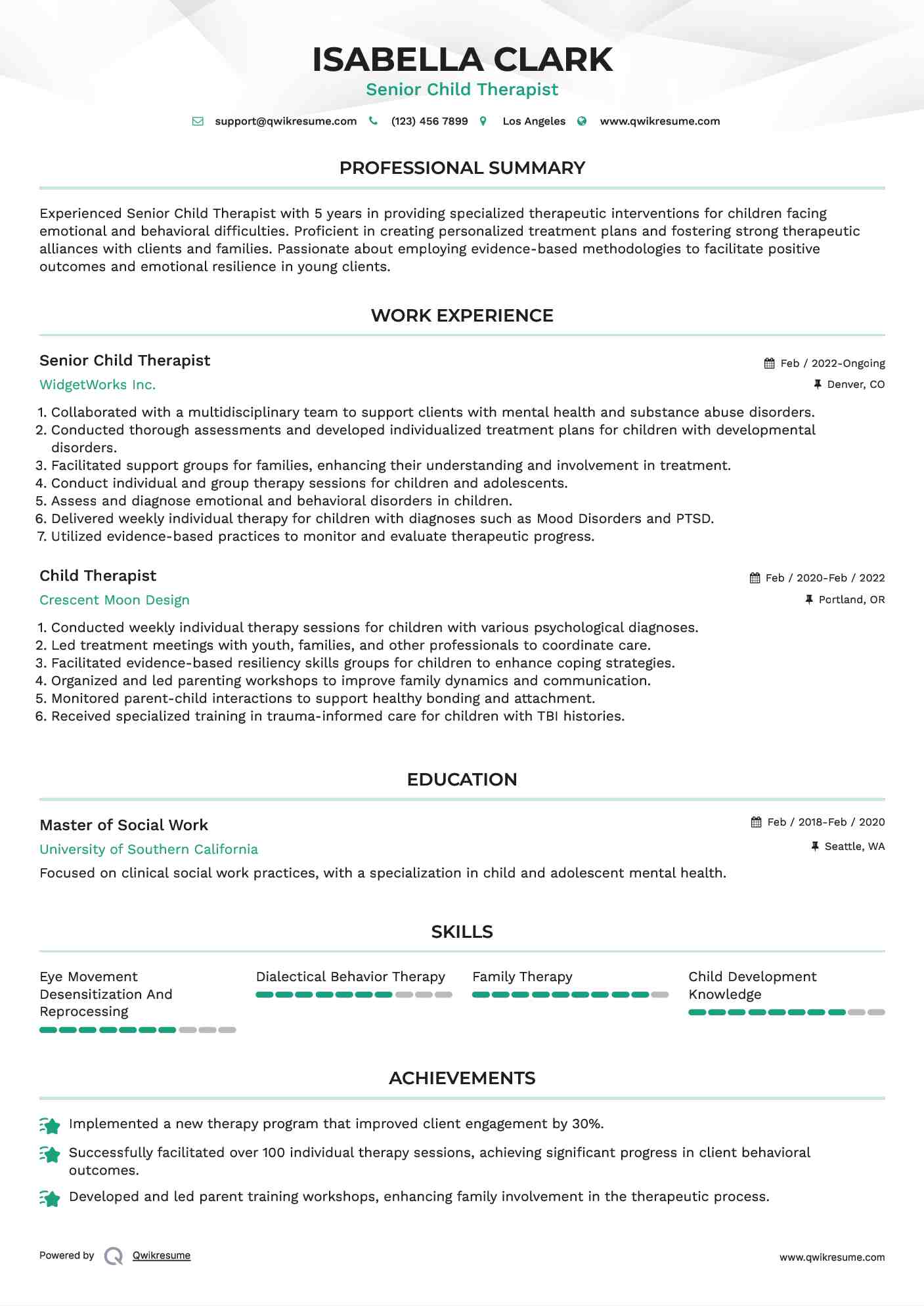 Senior Child Therapist  Resume Format