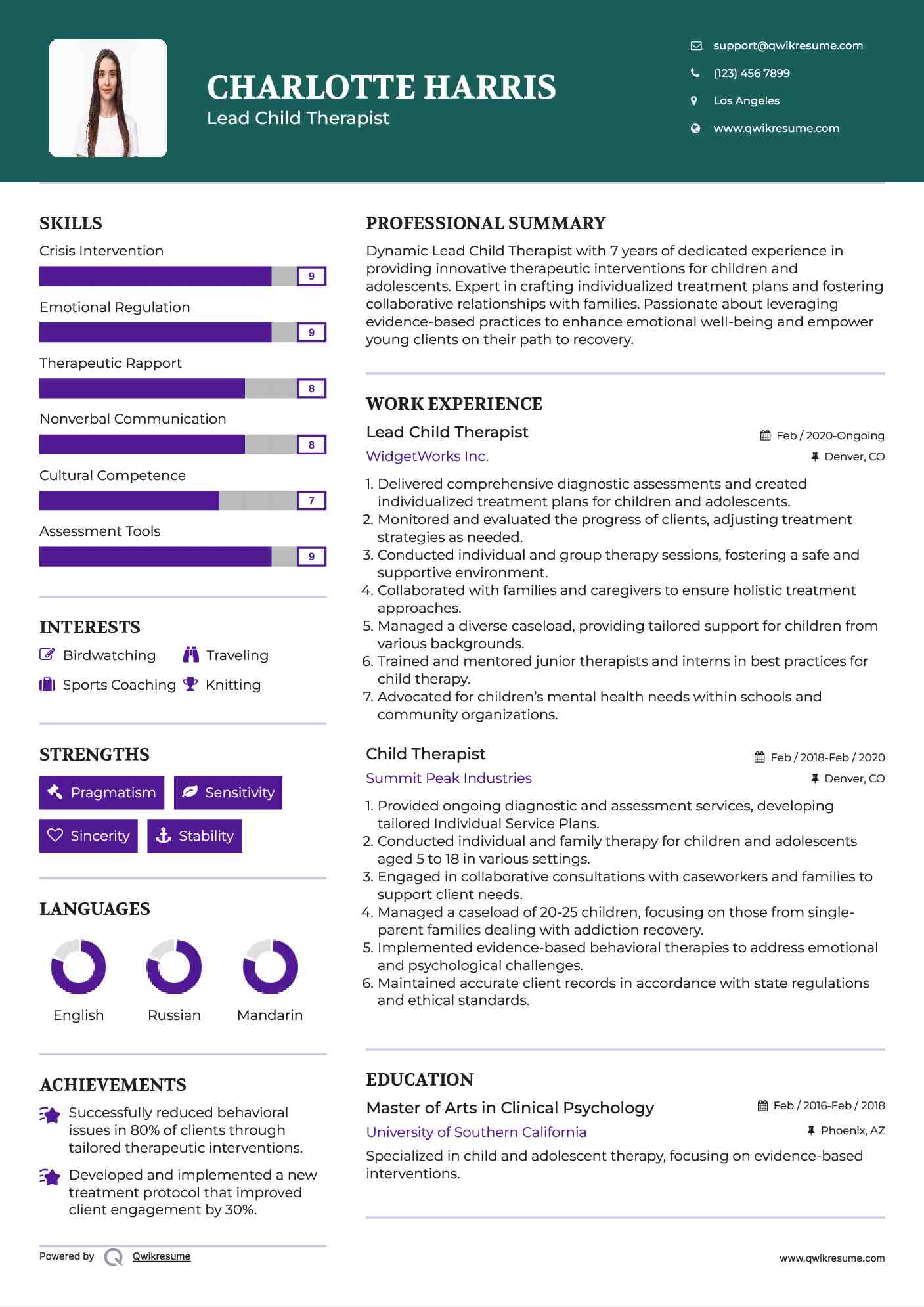 Lead Child Therapist Resume Model