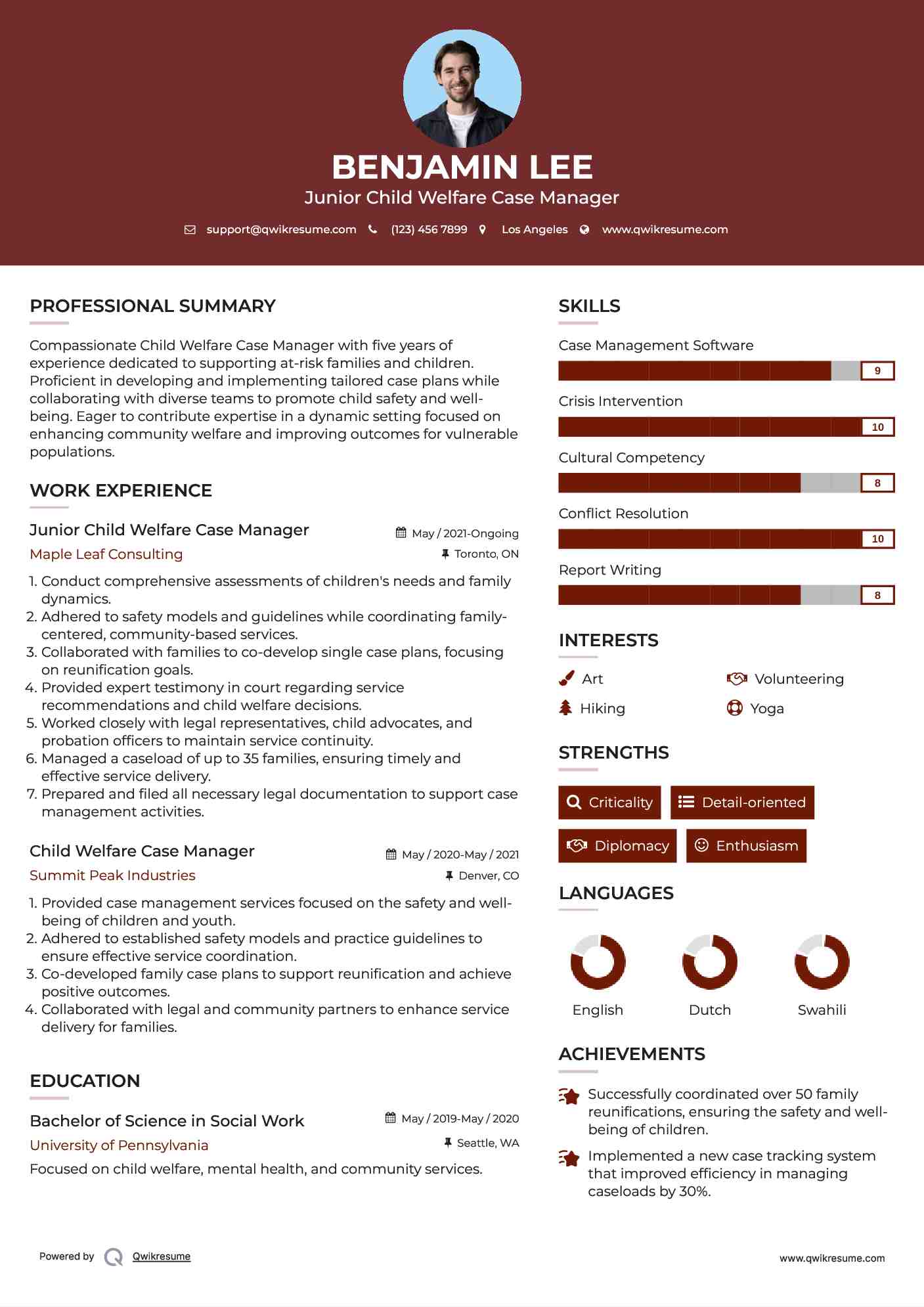 Junior Child Welfare Case Manager  Resume Sample