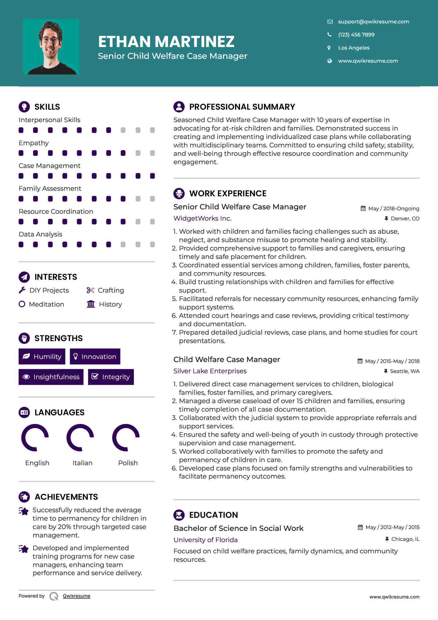 Senior Child Welfare Case Manager  Resume Example