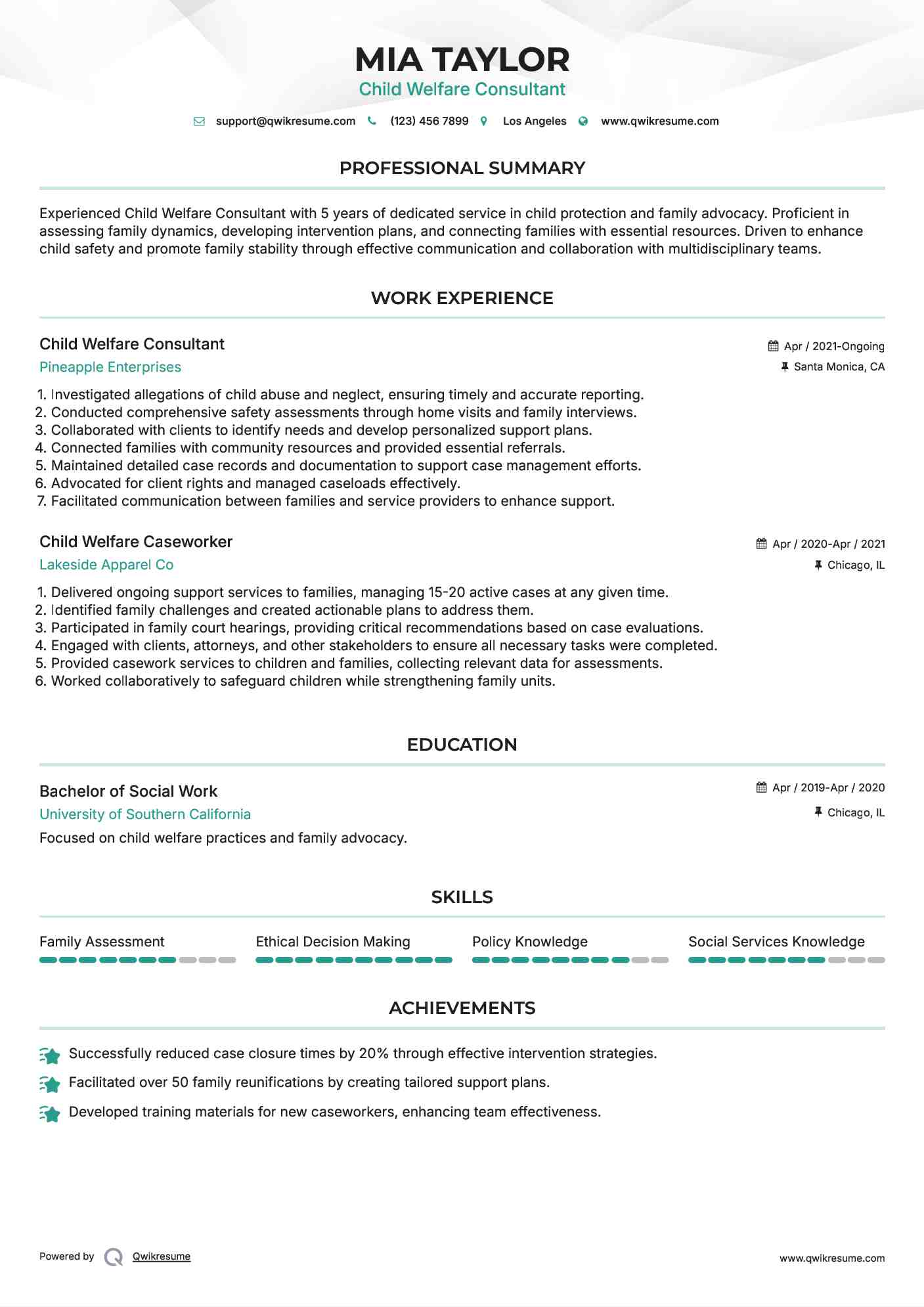 Child Welfare Consultant Resume Format