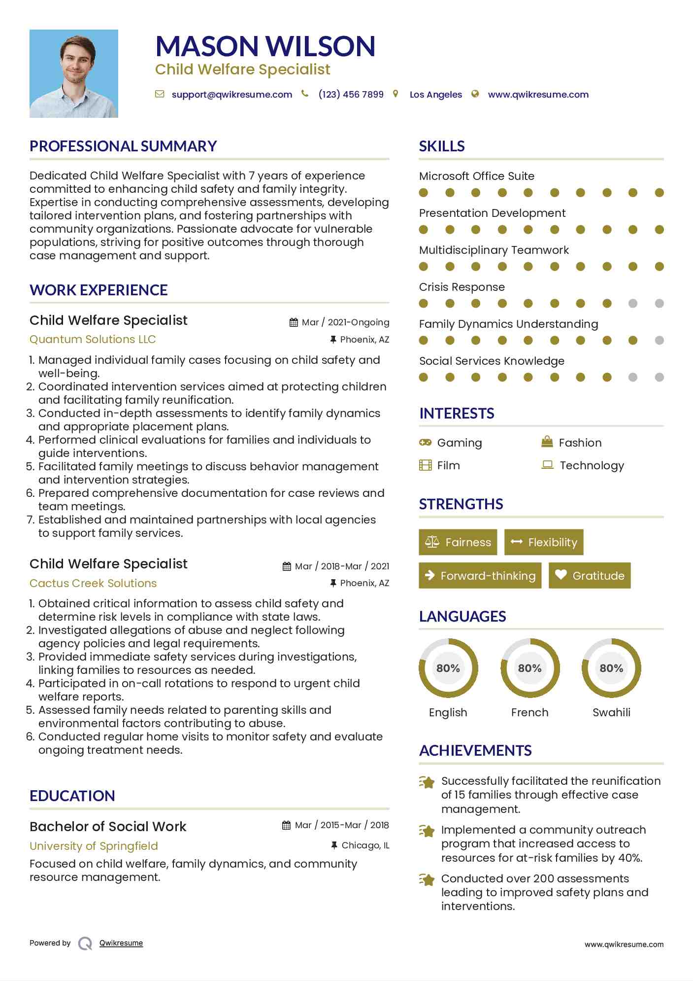Child Welfare Specialist Resume Model