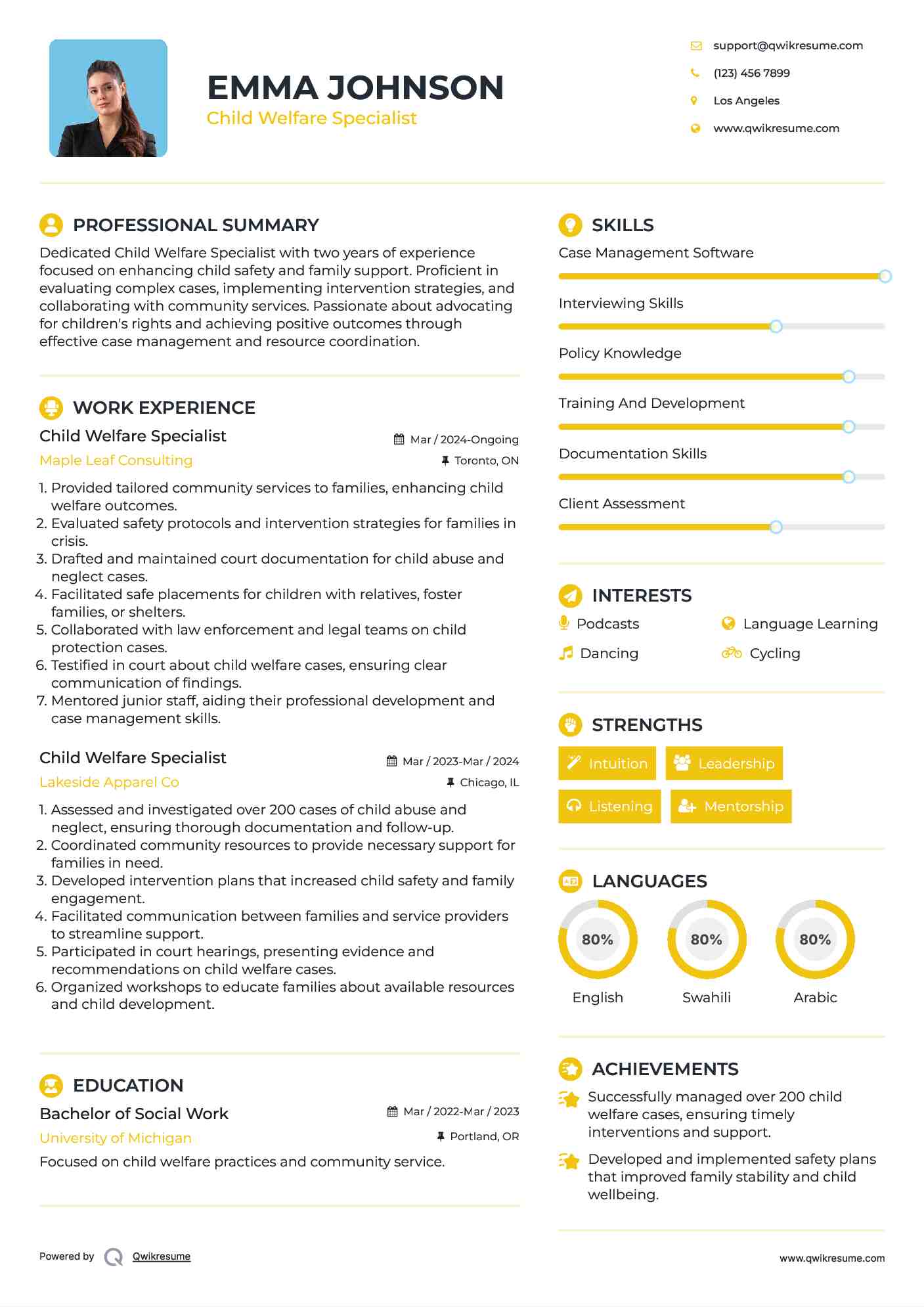 Child Welfare Specialist Resume Model