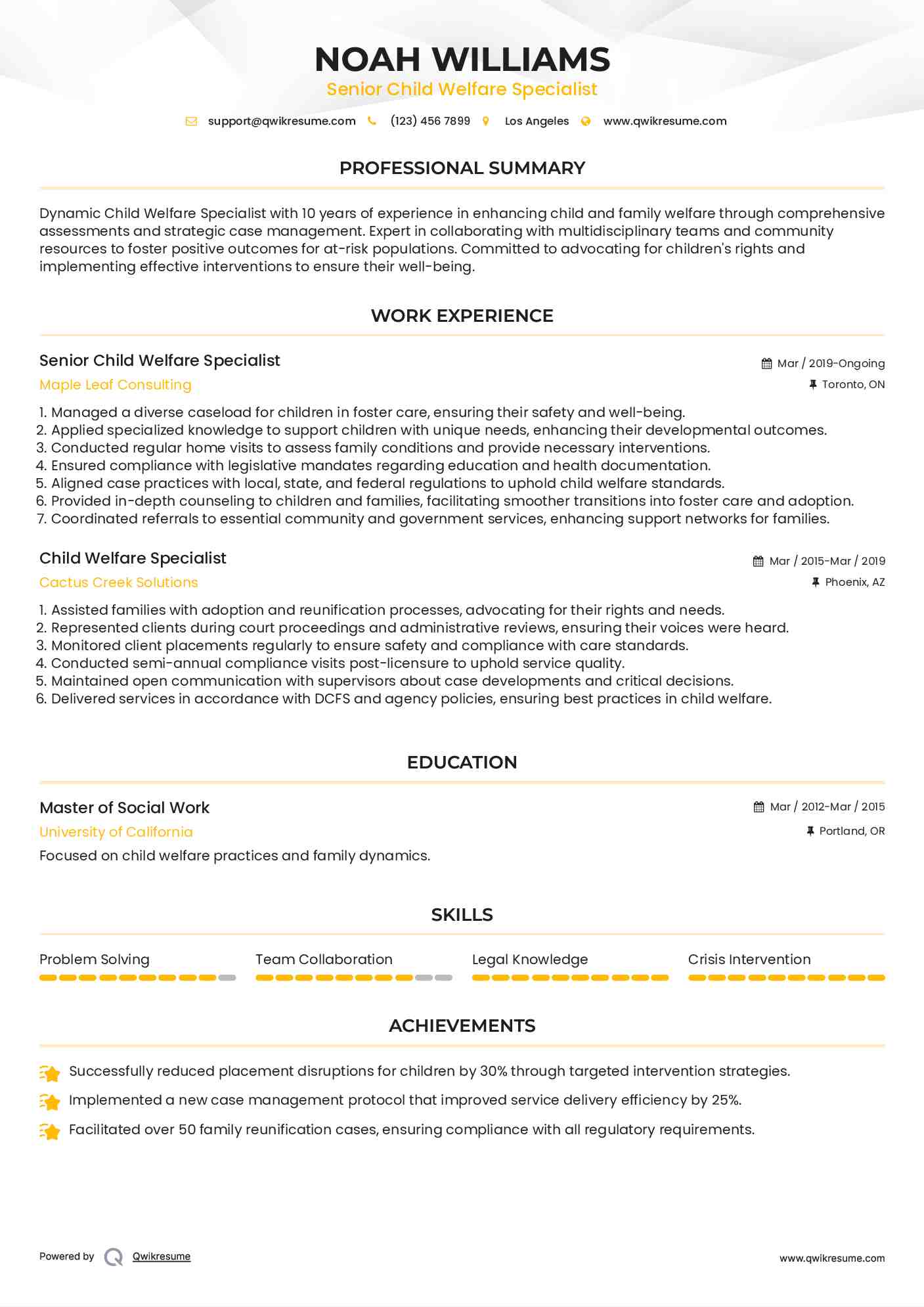 Senior Child Welfare Specialist
 Resume Sample