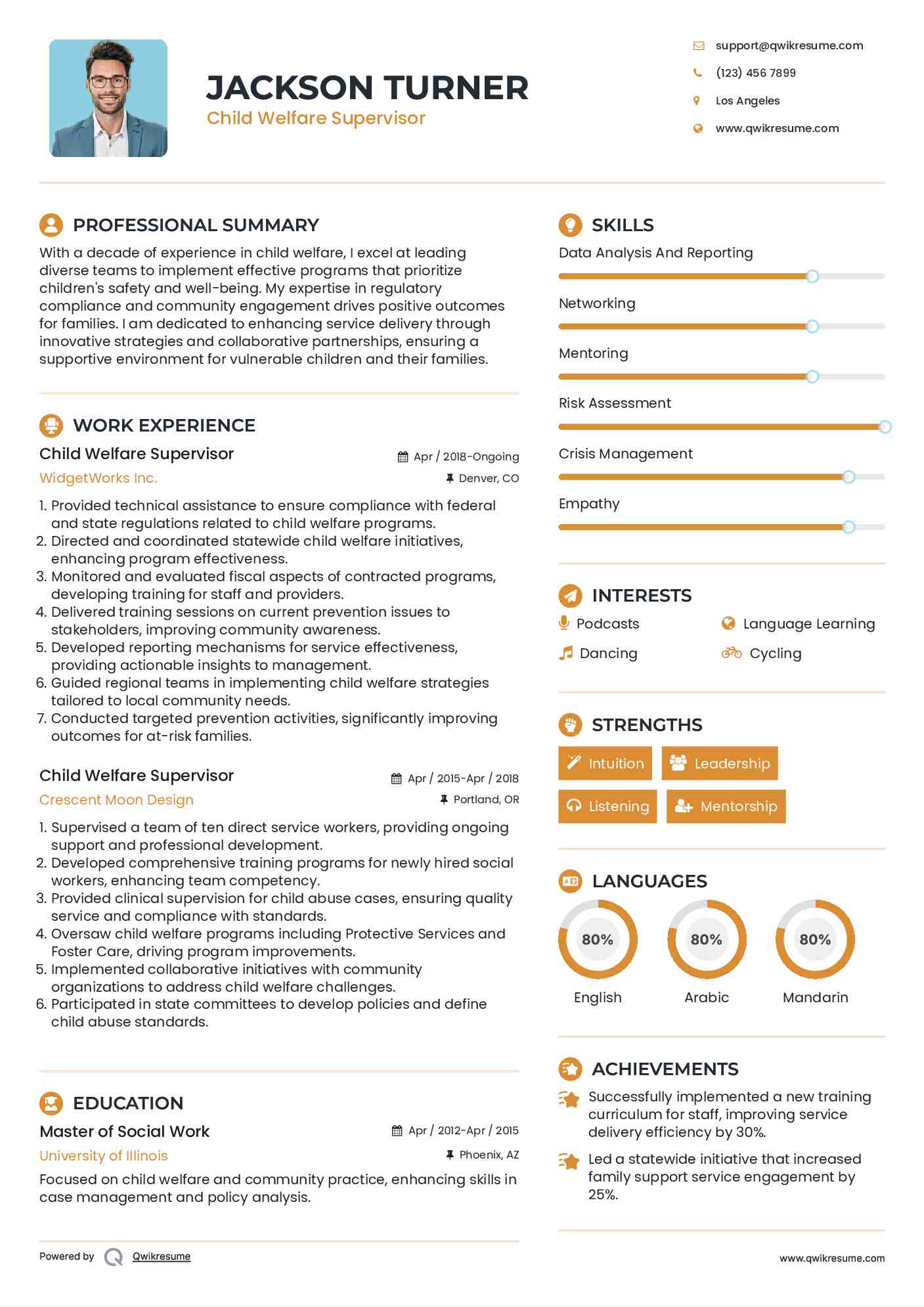 Child Welfare Supervisor Resume Sample