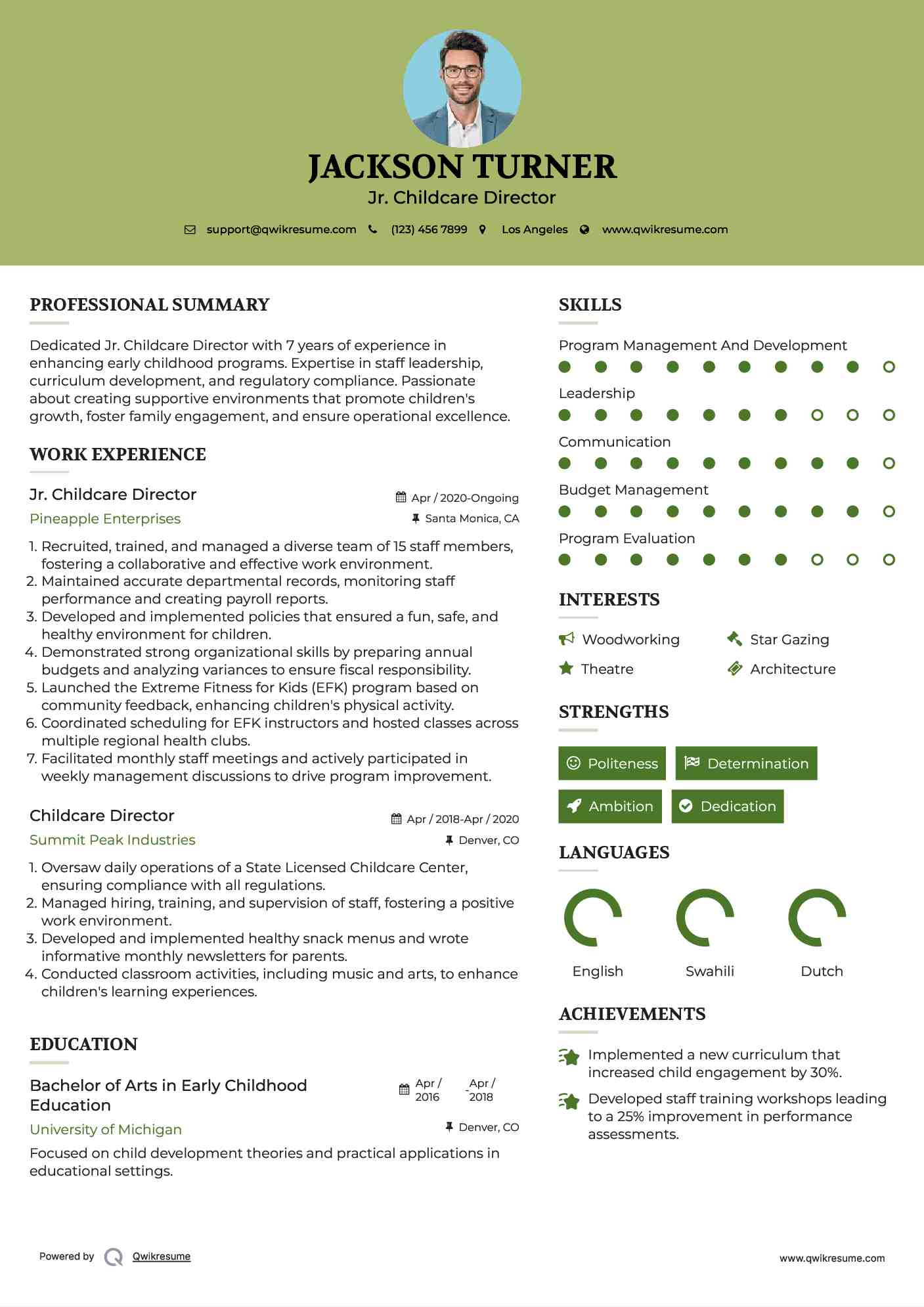 Jr. Childcare Director Resume Format