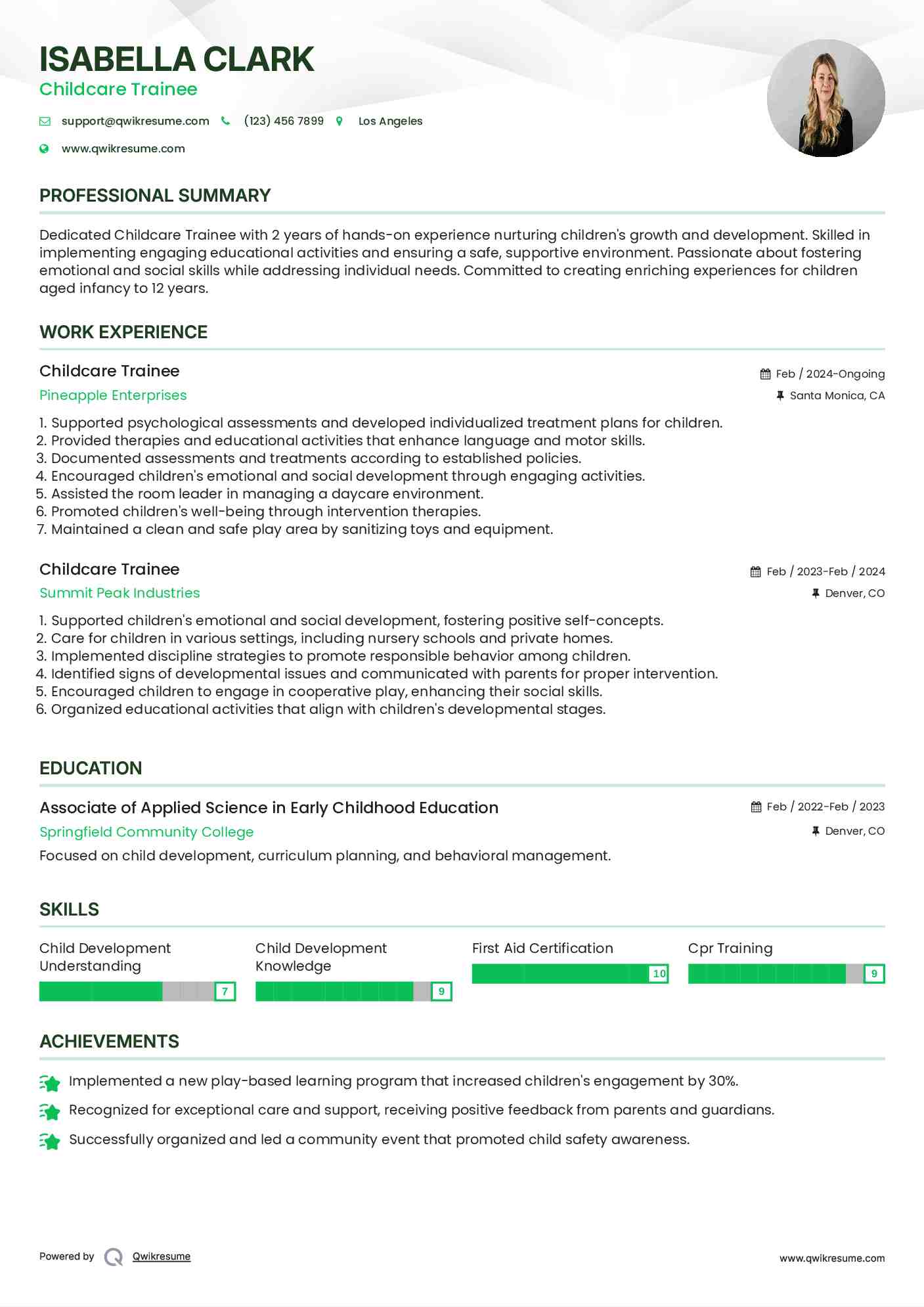 Childcare Trainee Resume Sample