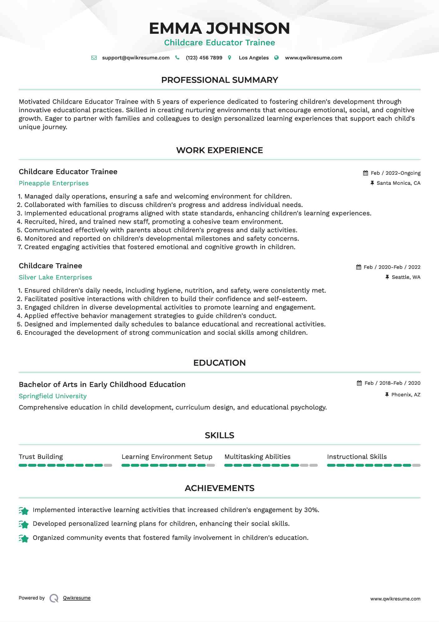 Childcare Educator Trainee Resume Template