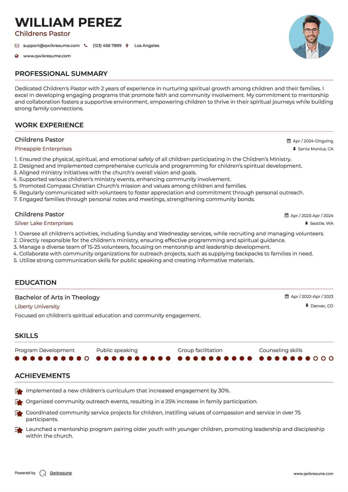 Childrens Pastor Resume Example