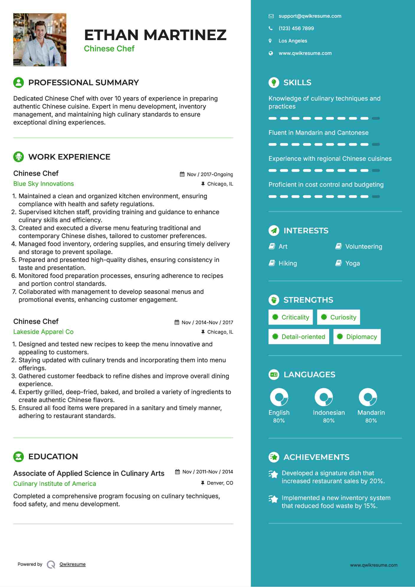 Chinese Chef Resume Sample