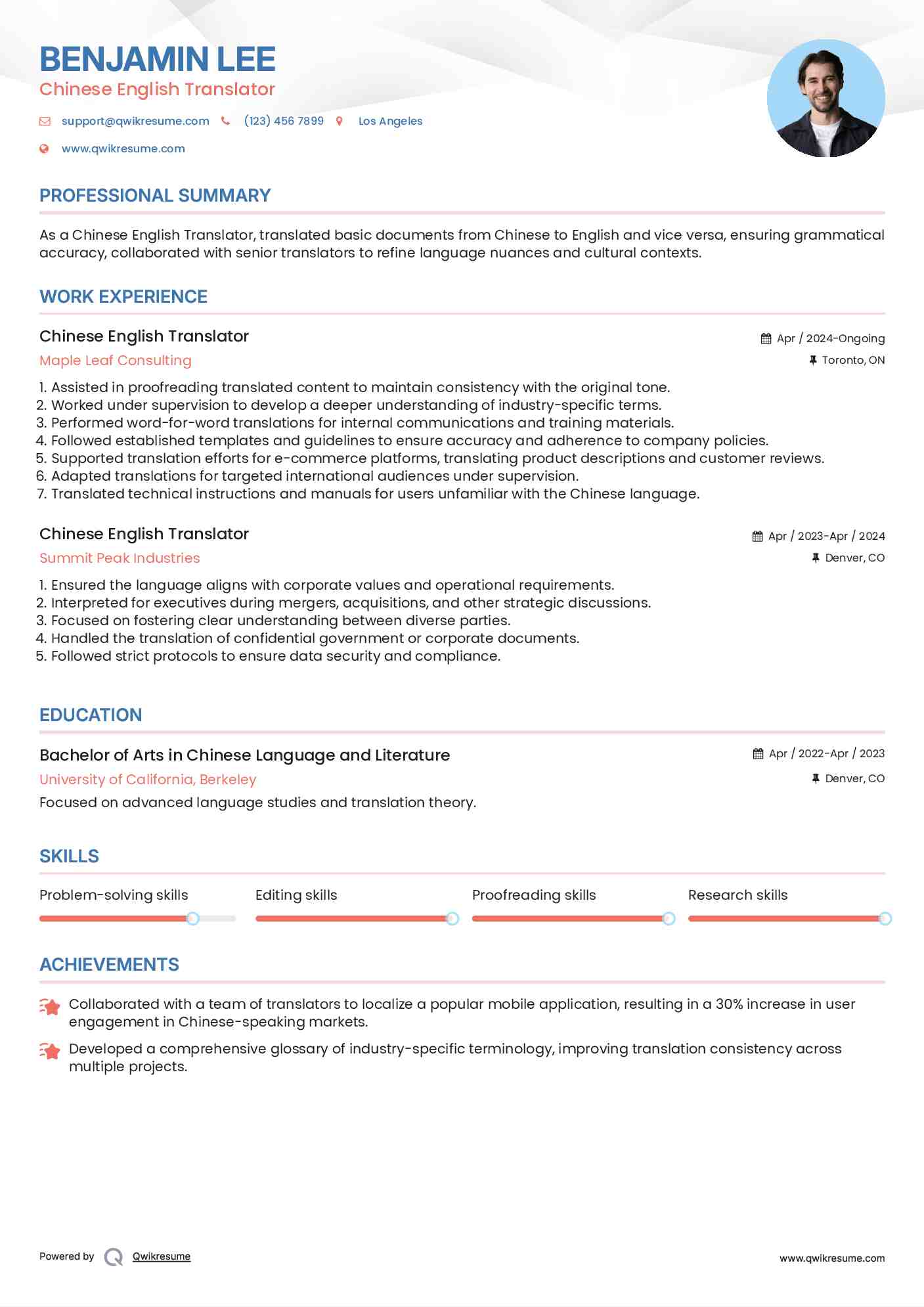 Chinese English Translator Resume Format