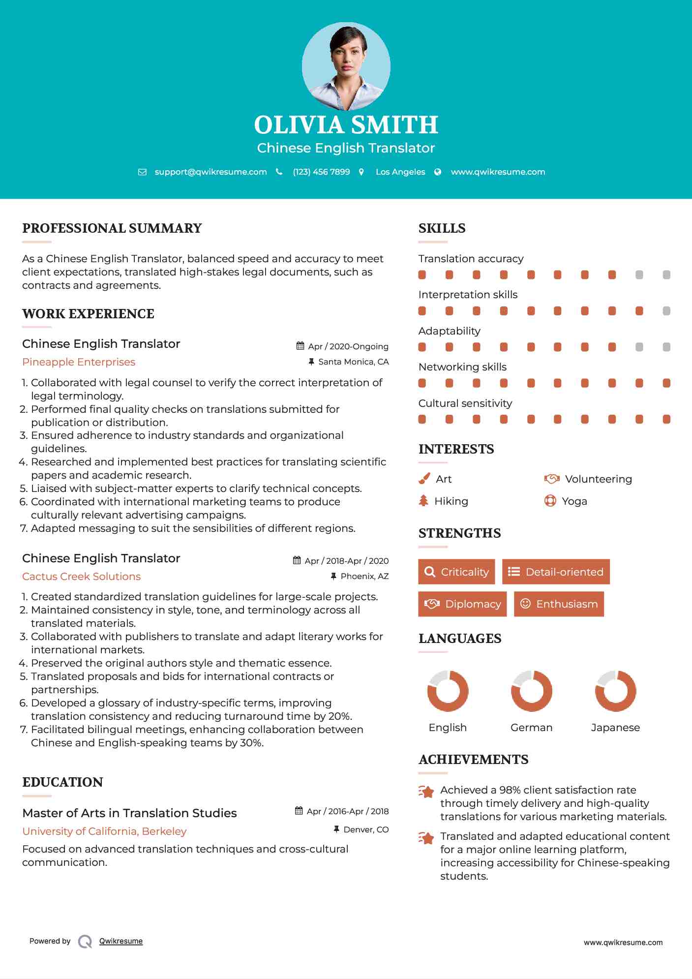 Chinese English Translator Resume Example