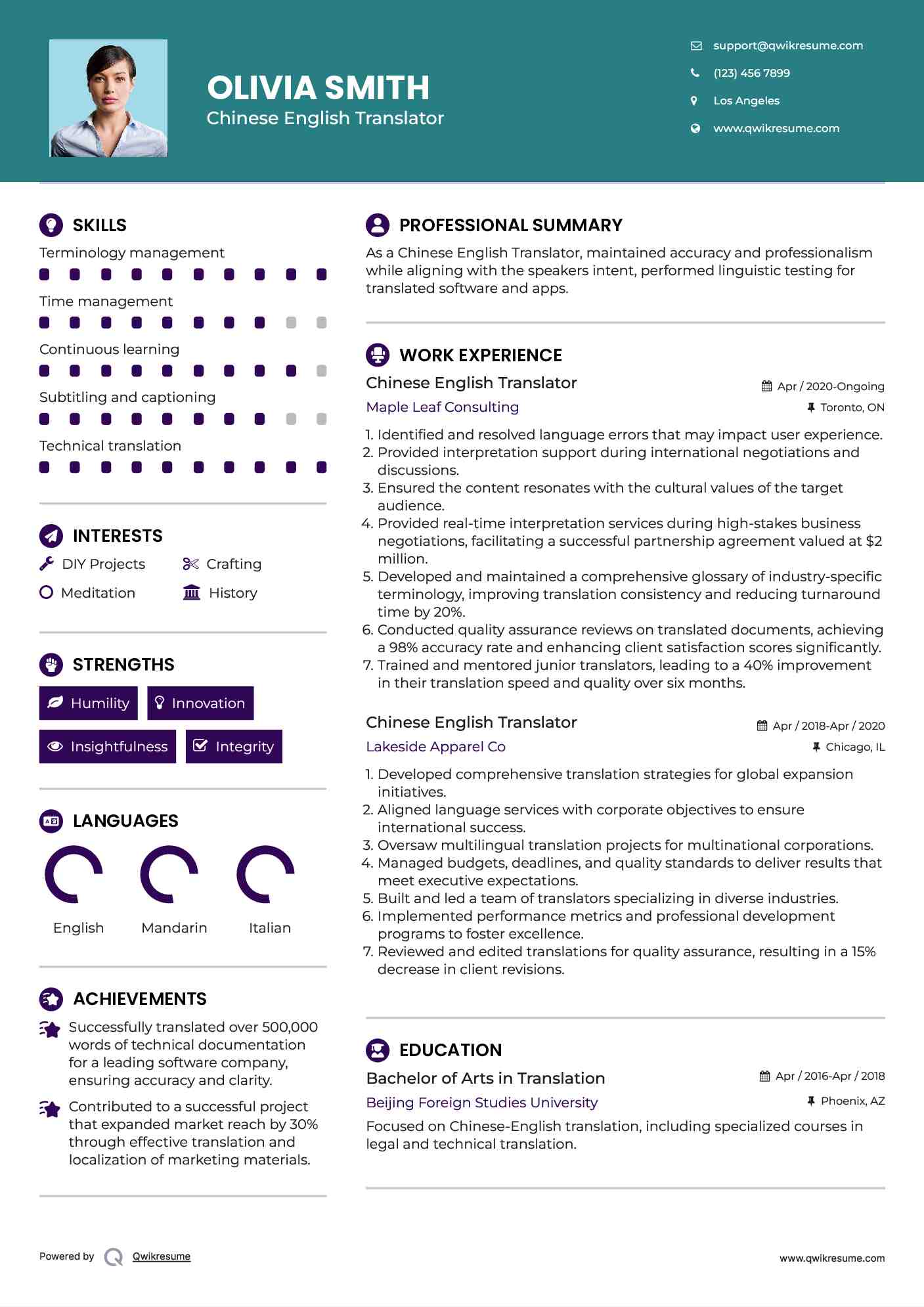 Chinese English Translator Resume Sample