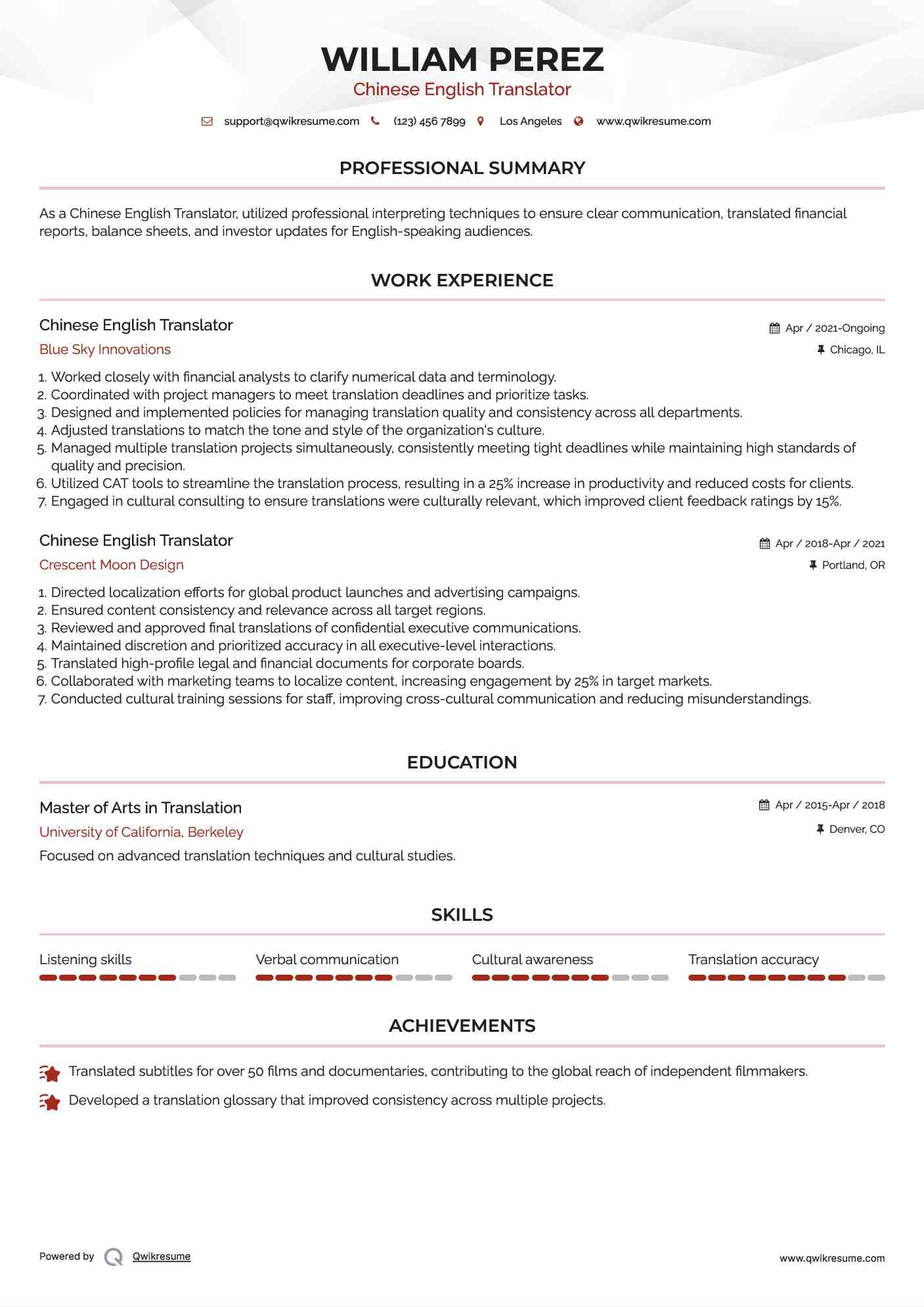Chinese English Translator Resume Sample