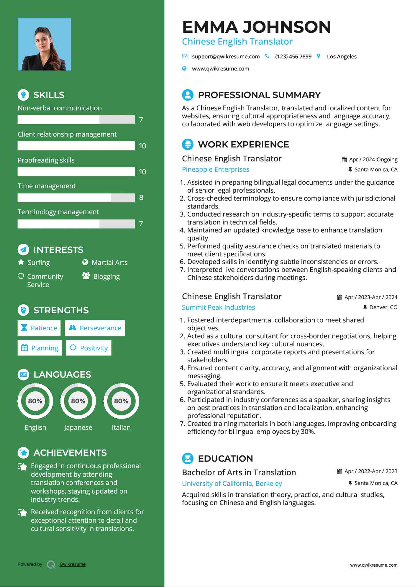 Chinese English Translator Resume Template