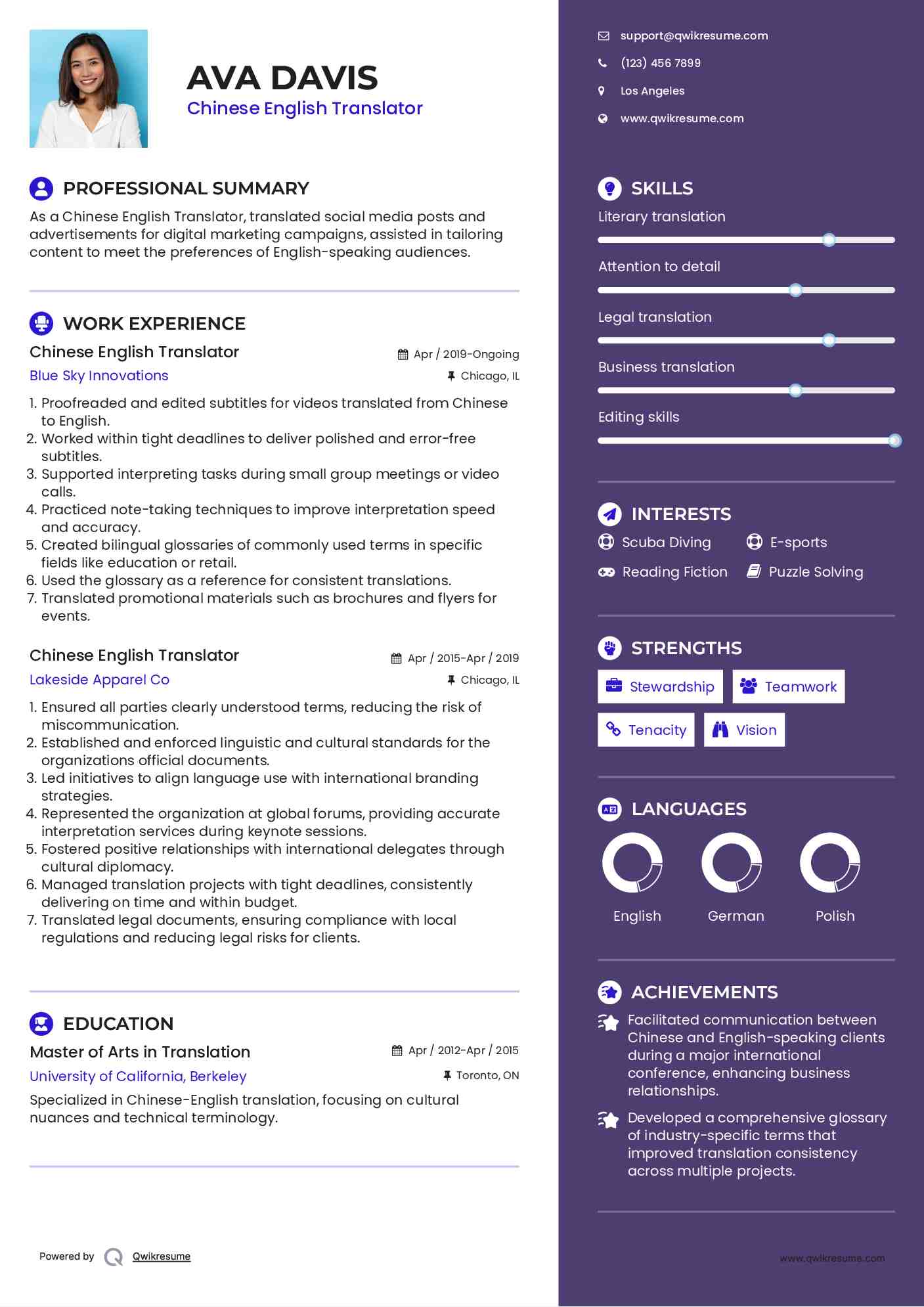 Chinese English Translator Resume Sample