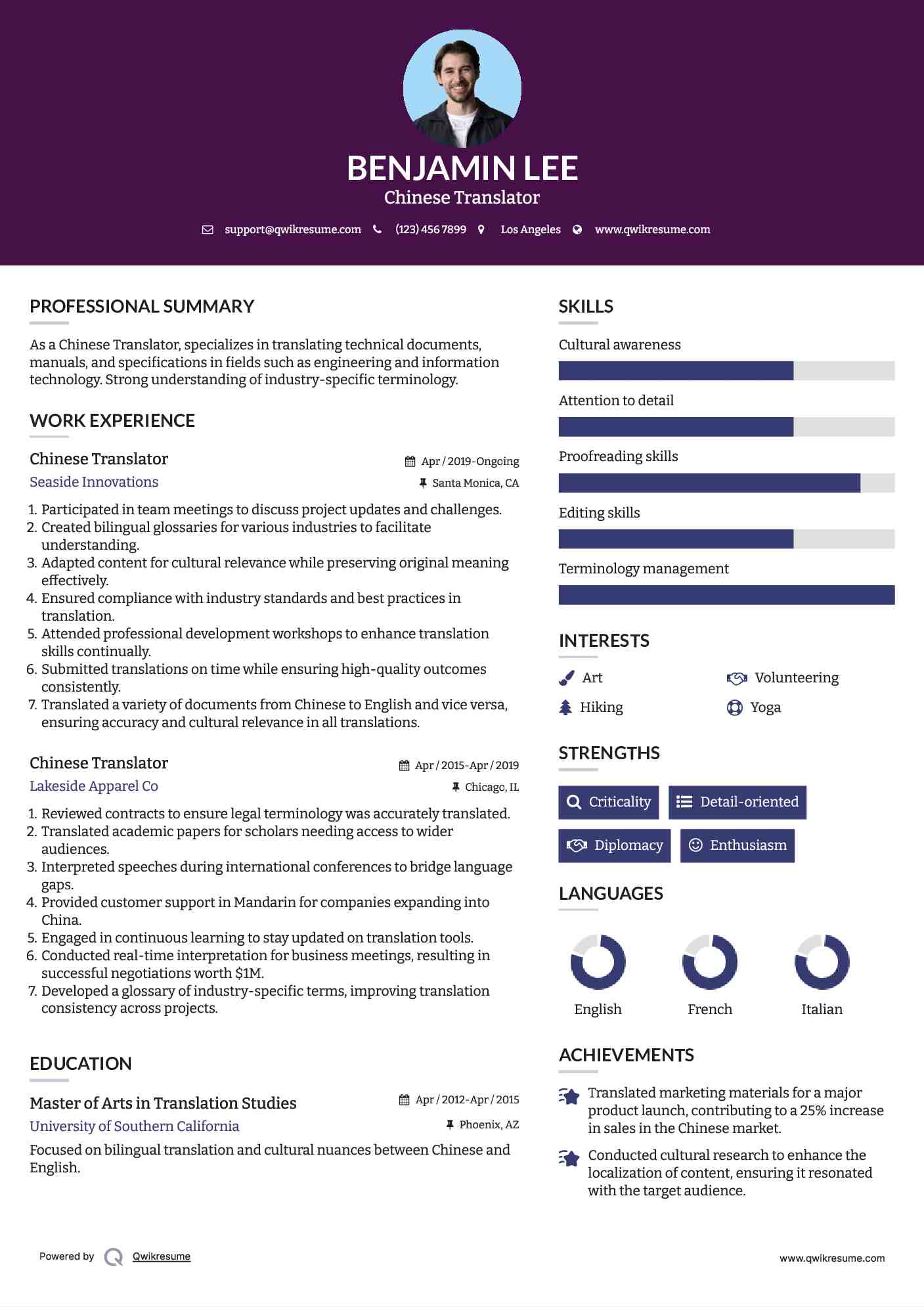 Chinese Translator Resume Example