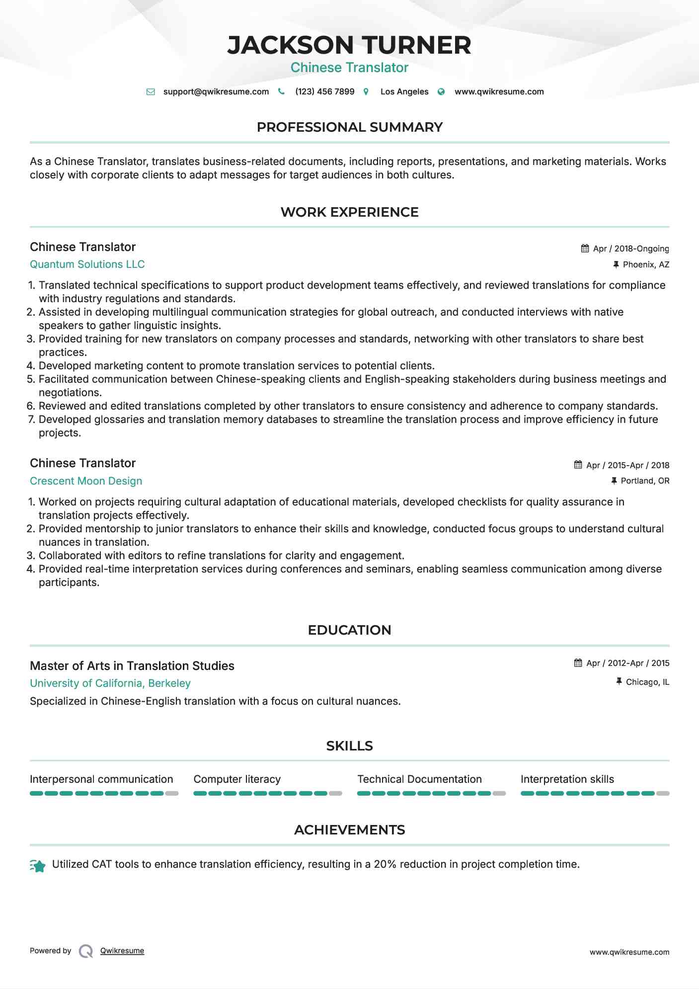 Chinese Translator Resume Example