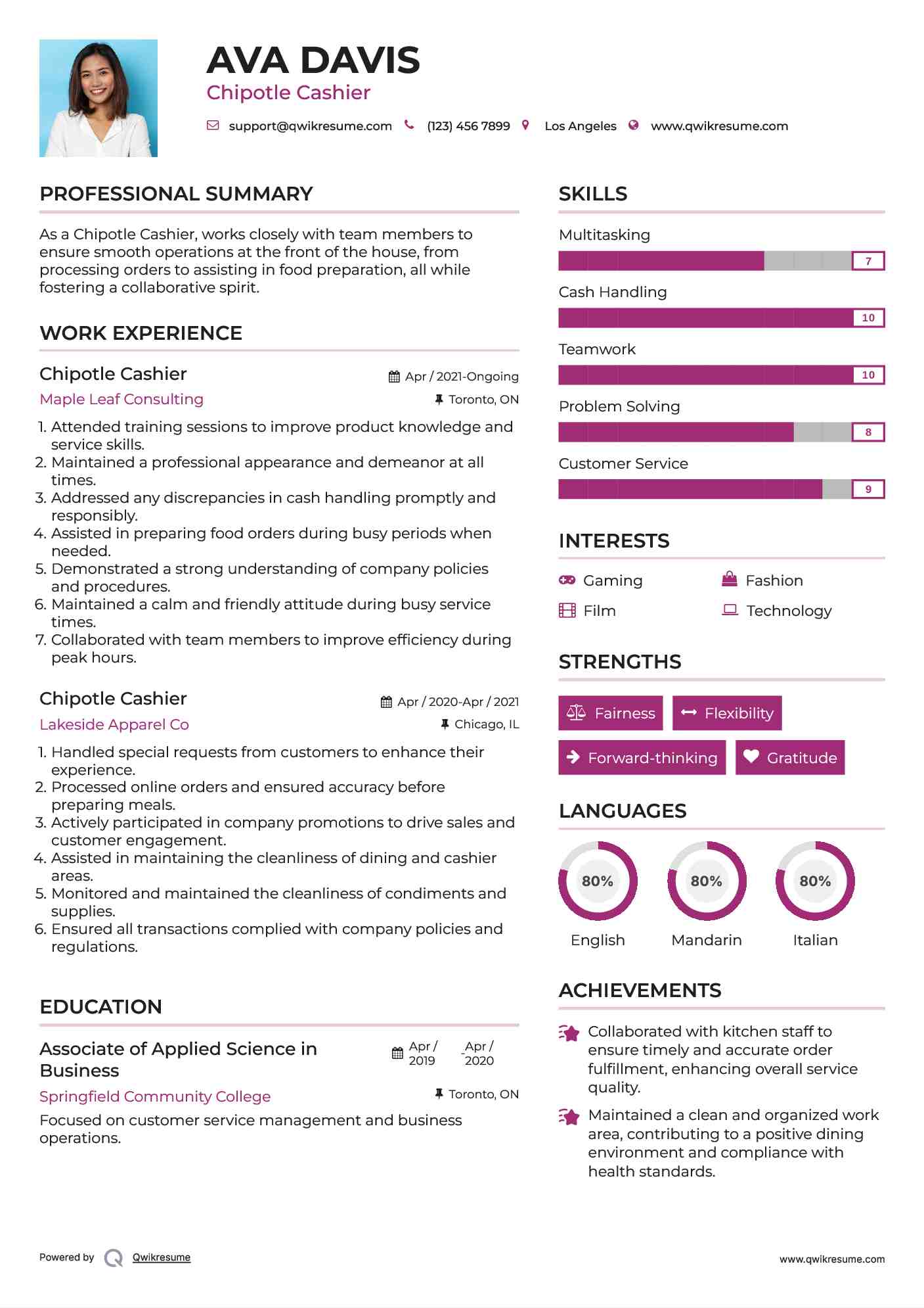 Chipotle Cashier Resume Sample